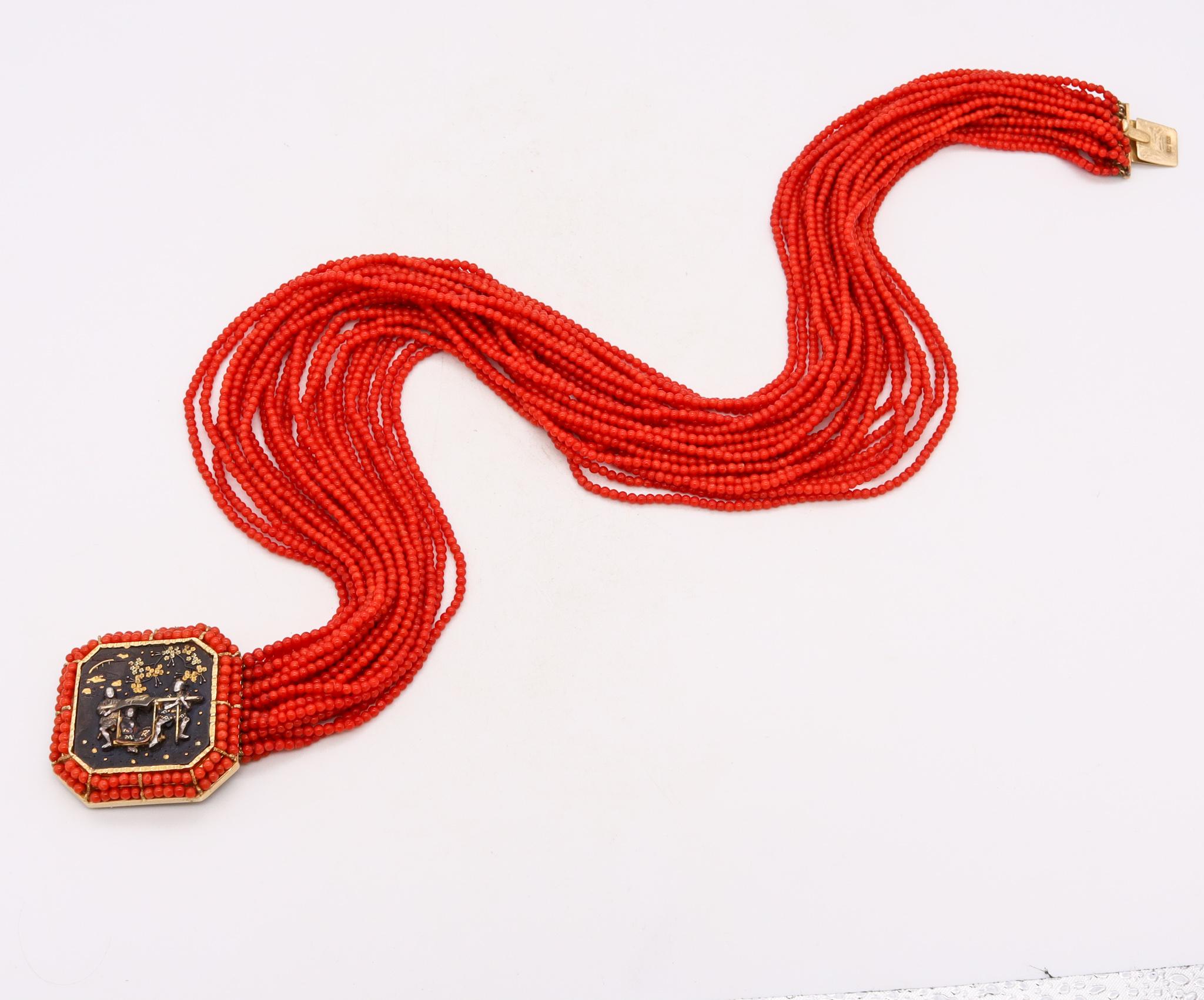 Modernist 1970 Rare Menuki Necklace 18Kt Yellow Gold Red Coral and Japan Shakudo For Sale 2