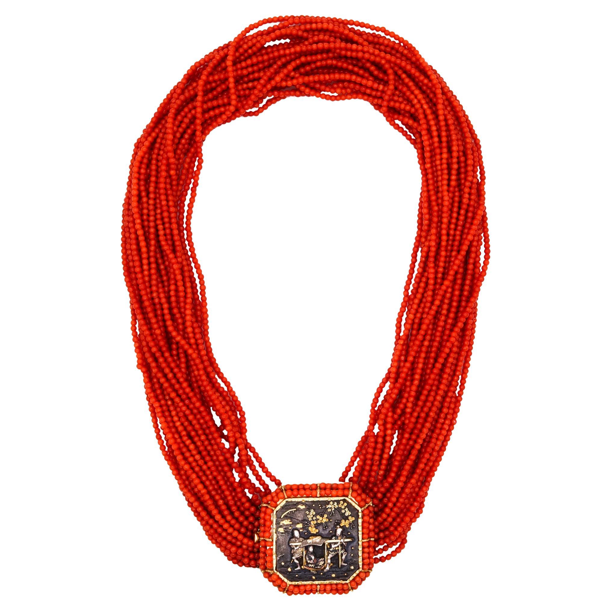 Modernist 1970 Rare Menuki Necklace 18Kt Yellow Gold Red Coral and Japan Shakudo For Sale