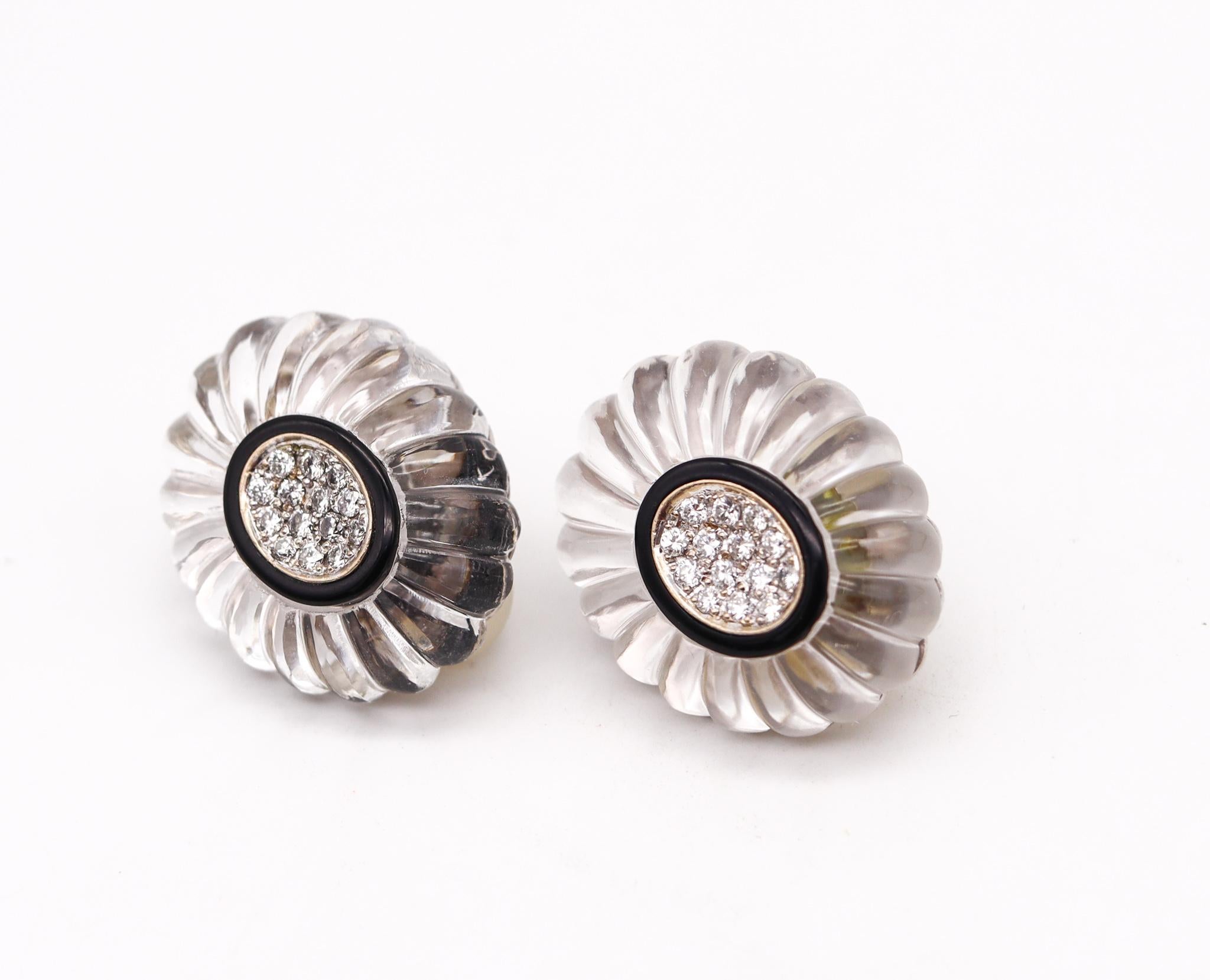 Cabochon Modernist 1970 Rock Quartz Clip-On Earrings in 18k Gold with 1.68ct Diamonds