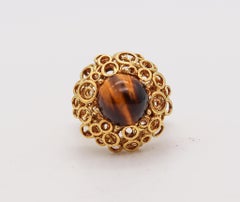 Modernist 1970 Sculptural Cocktail Ring In Solid 18Kt Gold With Tiger Eye Cab