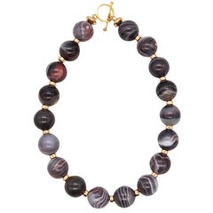 Vintage Modernist 1970 Statement Necklace with Scottish Gray Agates and 18Kt Yellow Gold