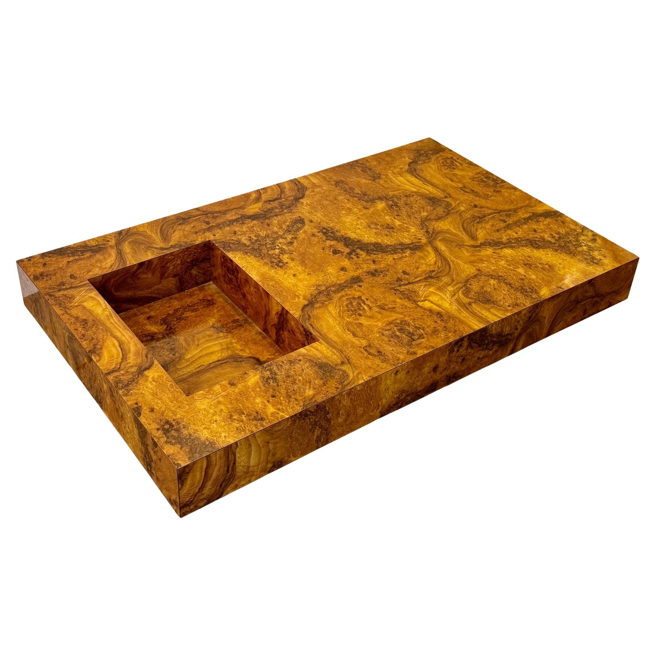 Modernist 1970s Coffee Table with Inset Bar in Burl Wood Laminate by Willy Rizzo