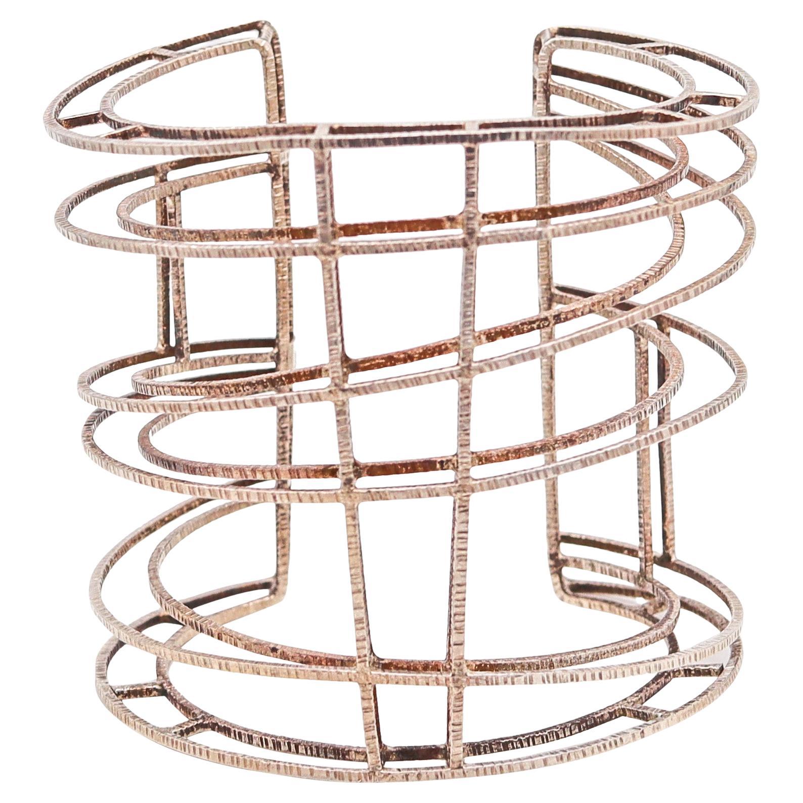 MODERNIST 1980 Geometric Three-dimensional Cuff Bracelet In .925 Sterling Silver