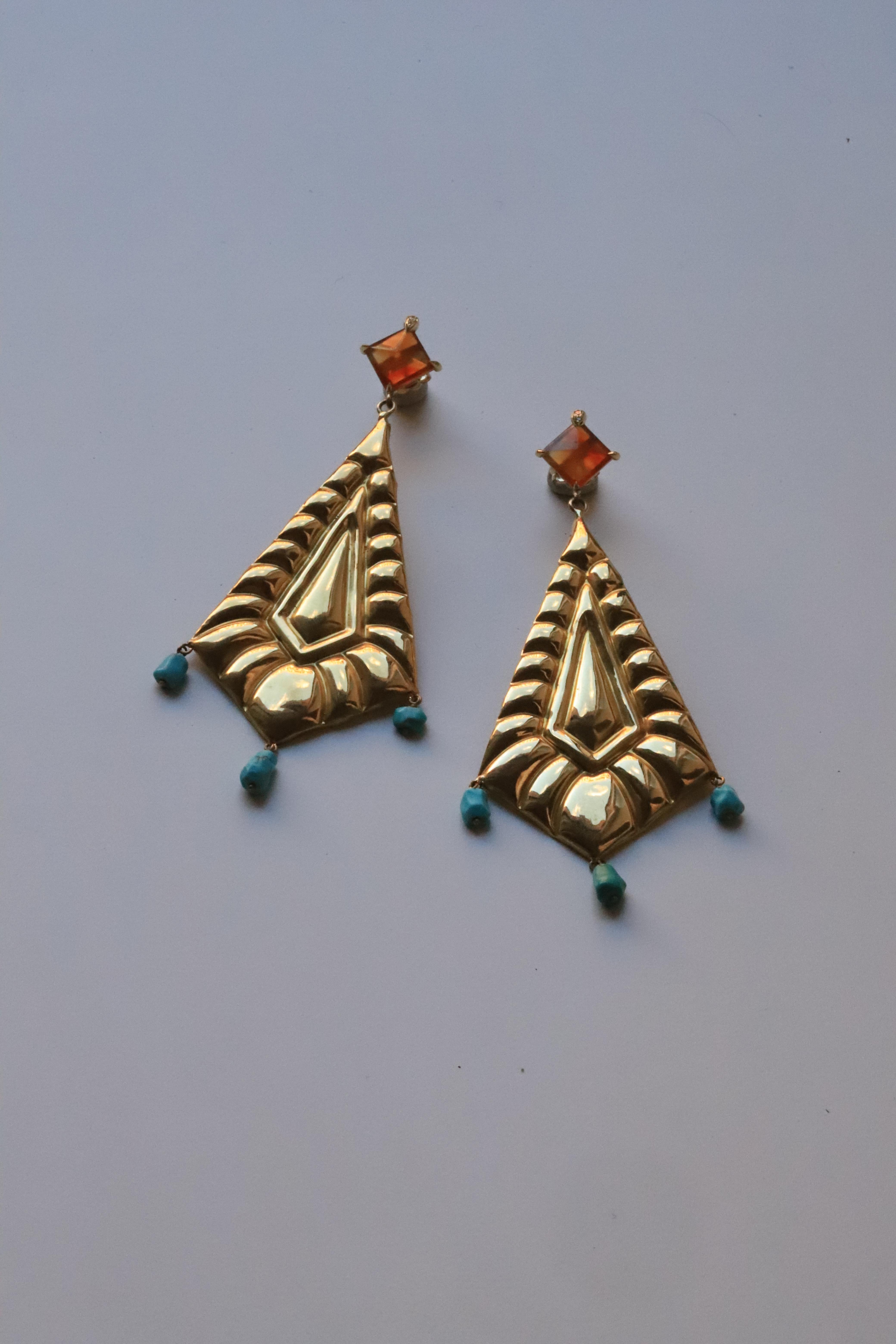 Modernist 1980s Hexagonal shape 18k Gold Re-design Carnelian Turquoise Earrings 6