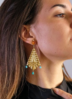 Modernist 1980s Hexagonal shape 18k Gold Re-design Carnelian Turquoise Earrings