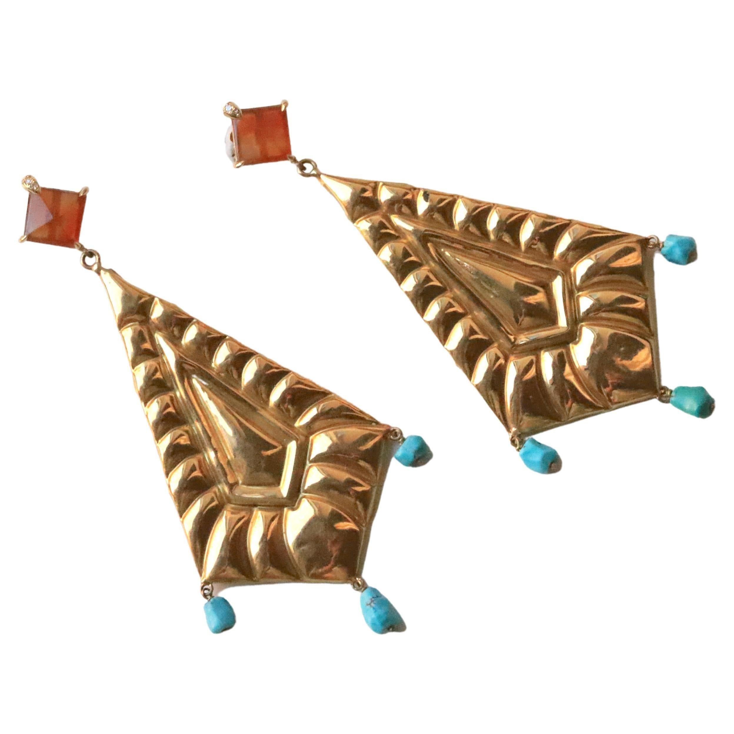 Modernist 1980s Hexagonal shape 18k Gold Re-design Carnelian Turquoise Earrings 8