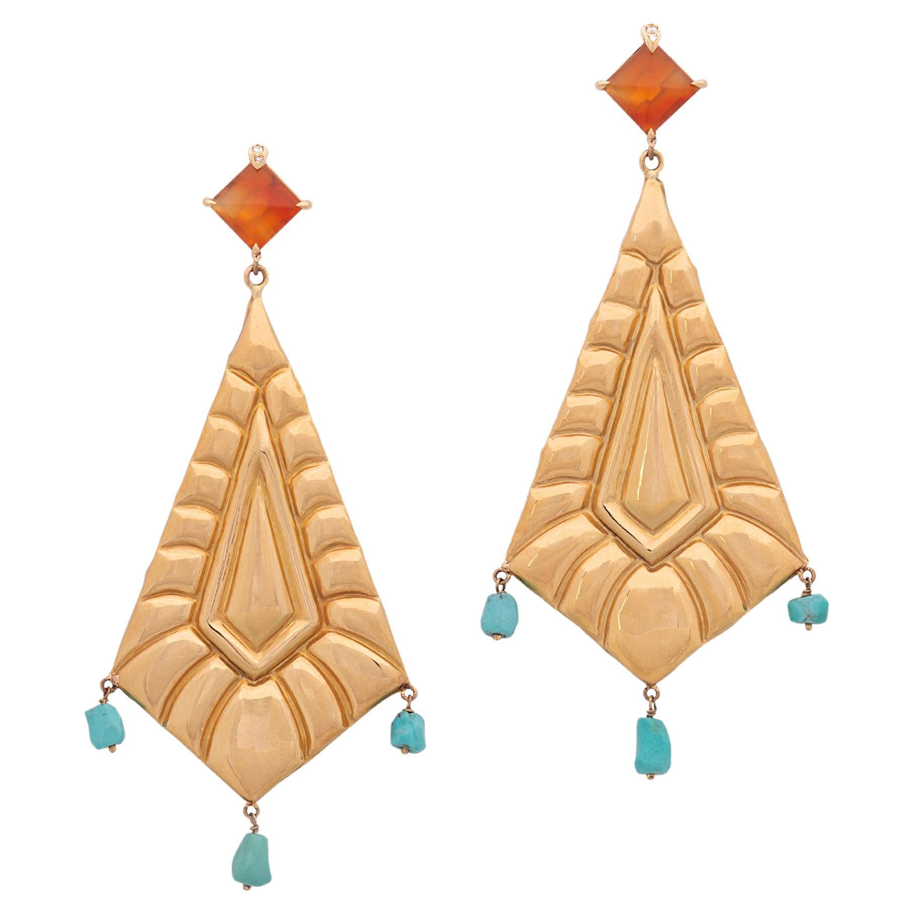 Modernist 1980s Hexagonal shape 18k Gold Re-design Carnelian Turquoise Earrings