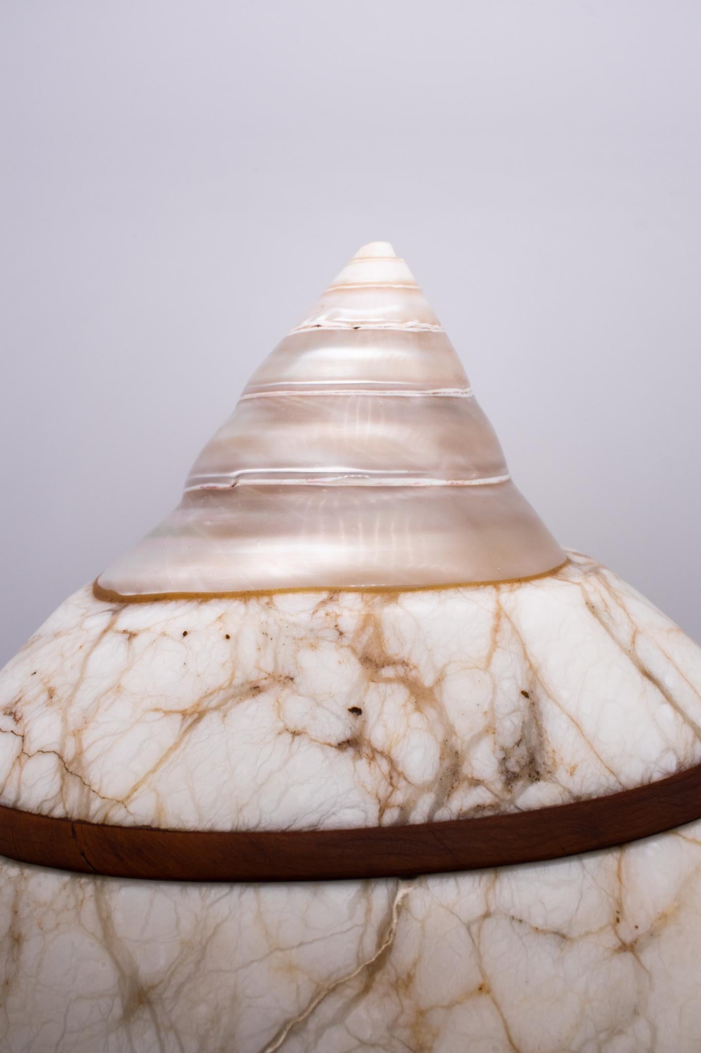 Modernist 1981 Sculptural Secret Table Box Carved In Marble Sandalwood And Shell For Sale 1