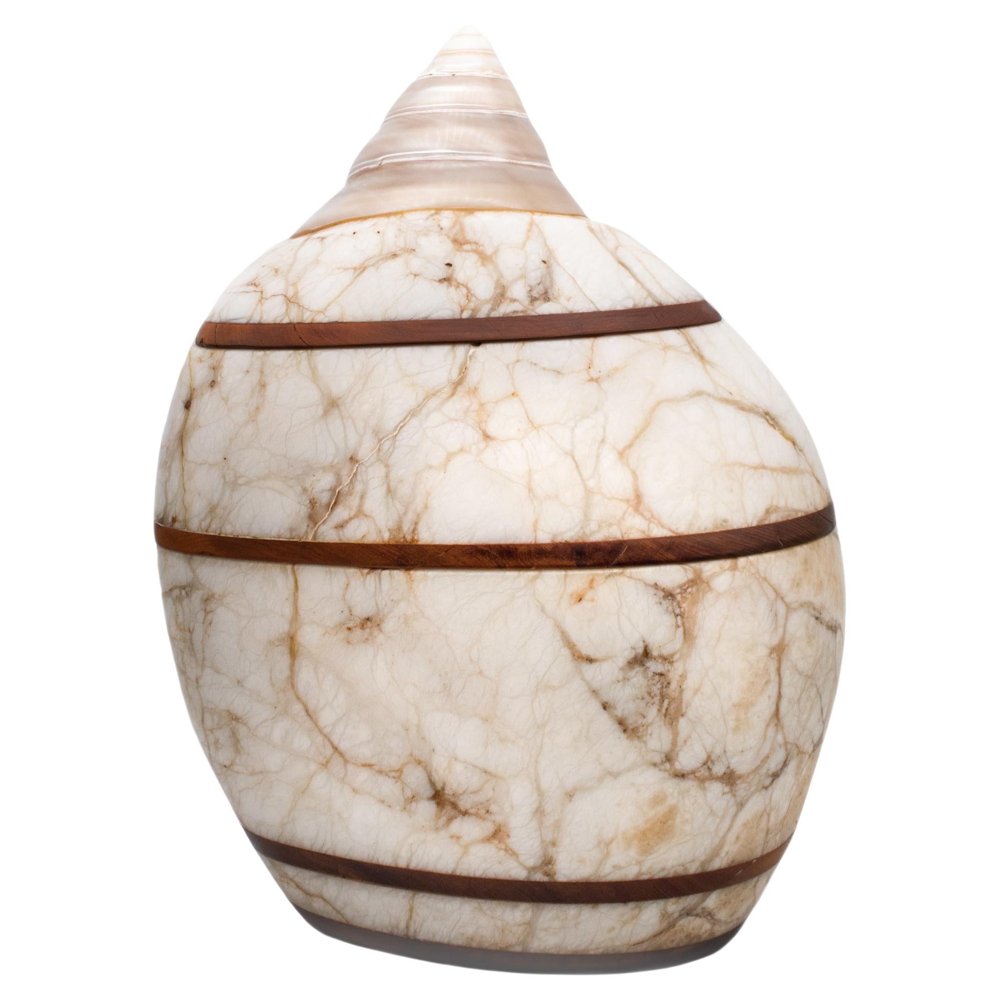 Modernist 1981 Sculptural Secret Table Box Carved In Marble Sandalwood And Shell For Sale