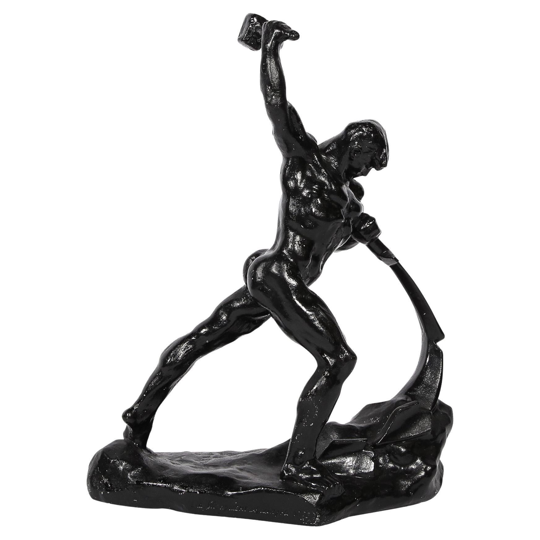 Modernist 20th Century Soviet Russian Nude Male Sculpture in Blackened Bronze For Sale