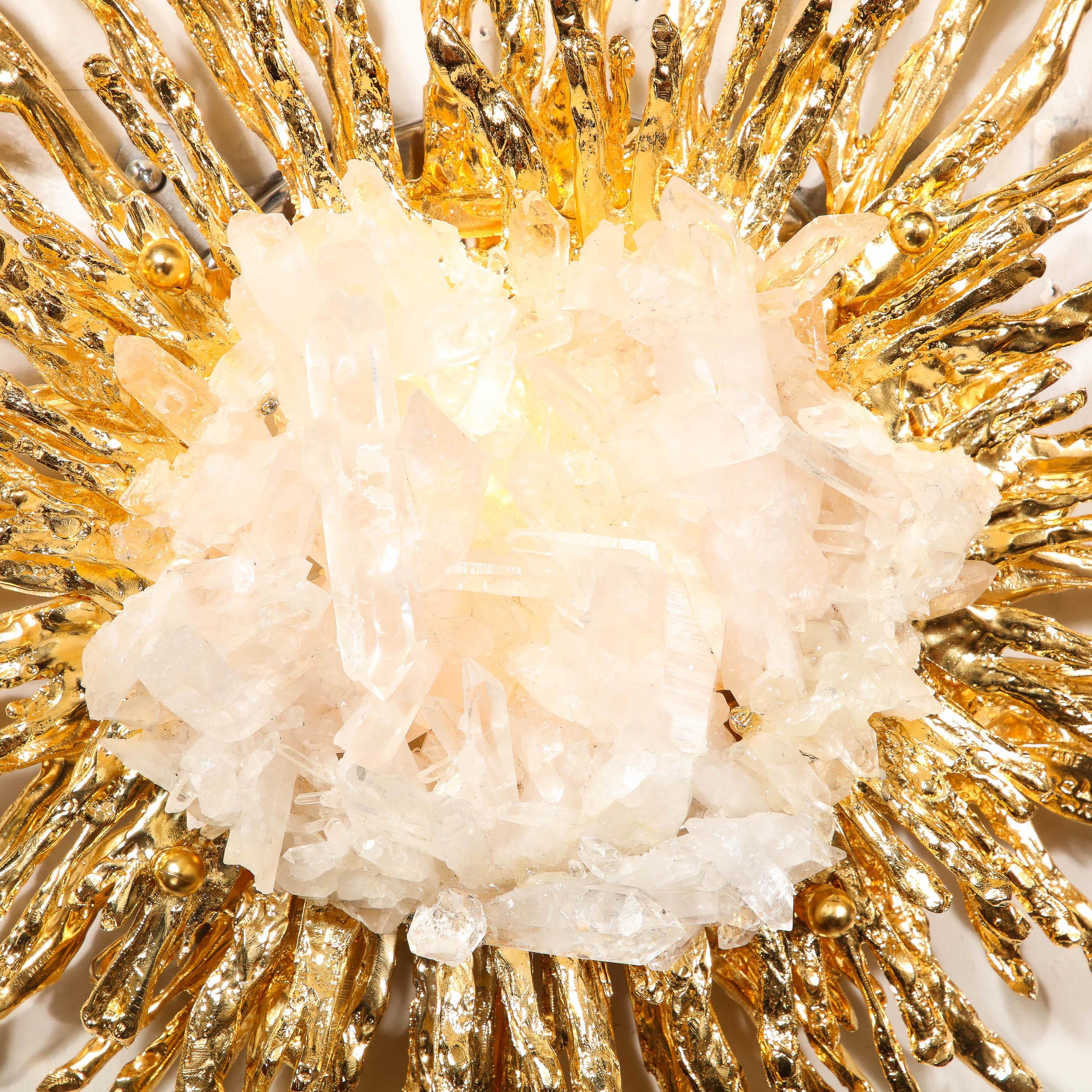 This spectacular Modernist 24 Karat Gold & Exploded Bronze Starburst Sconce W/Quartz Crystal by Claude Boeltz originates from France during the latter half of the 20th Century. Features a stunning expansive quality crafted from exploded bronze