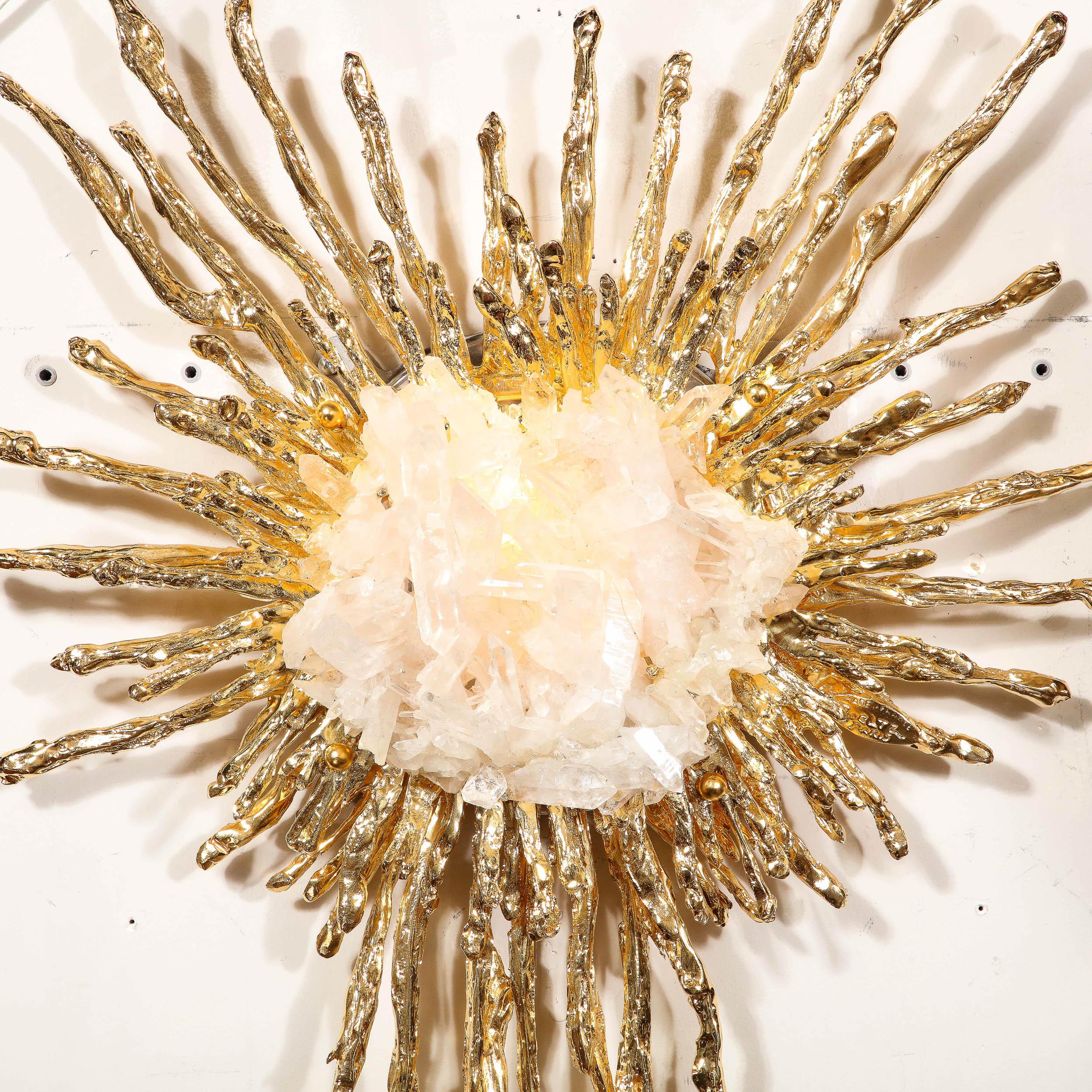 French Modernist 24 Karat Gold & Exploded Starburst Sconce W/ Quartz by Claude Boeltz For Sale