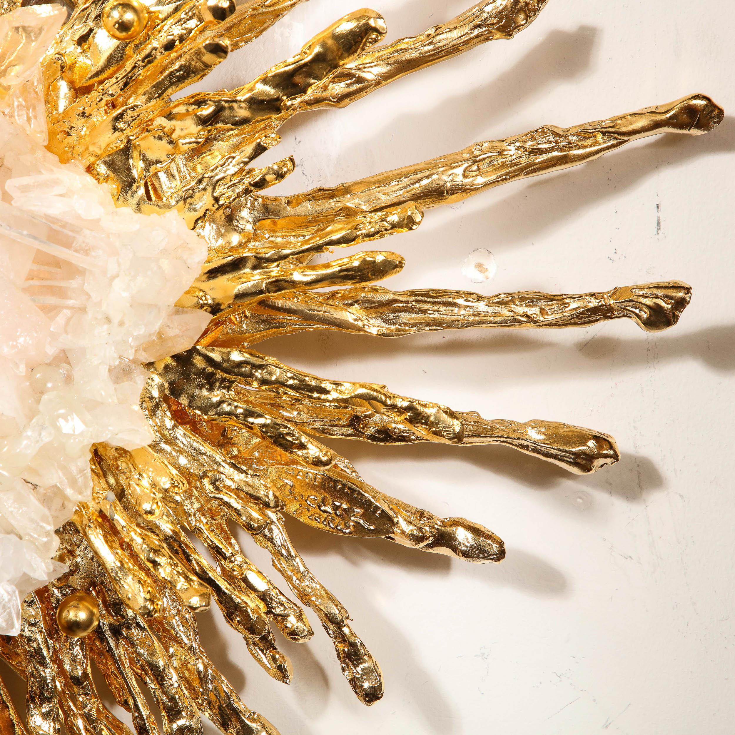 Modernist 24 Karat Gold & Exploded Starburst Sconce W/ Quartz by Claude Boeltz For Sale 3