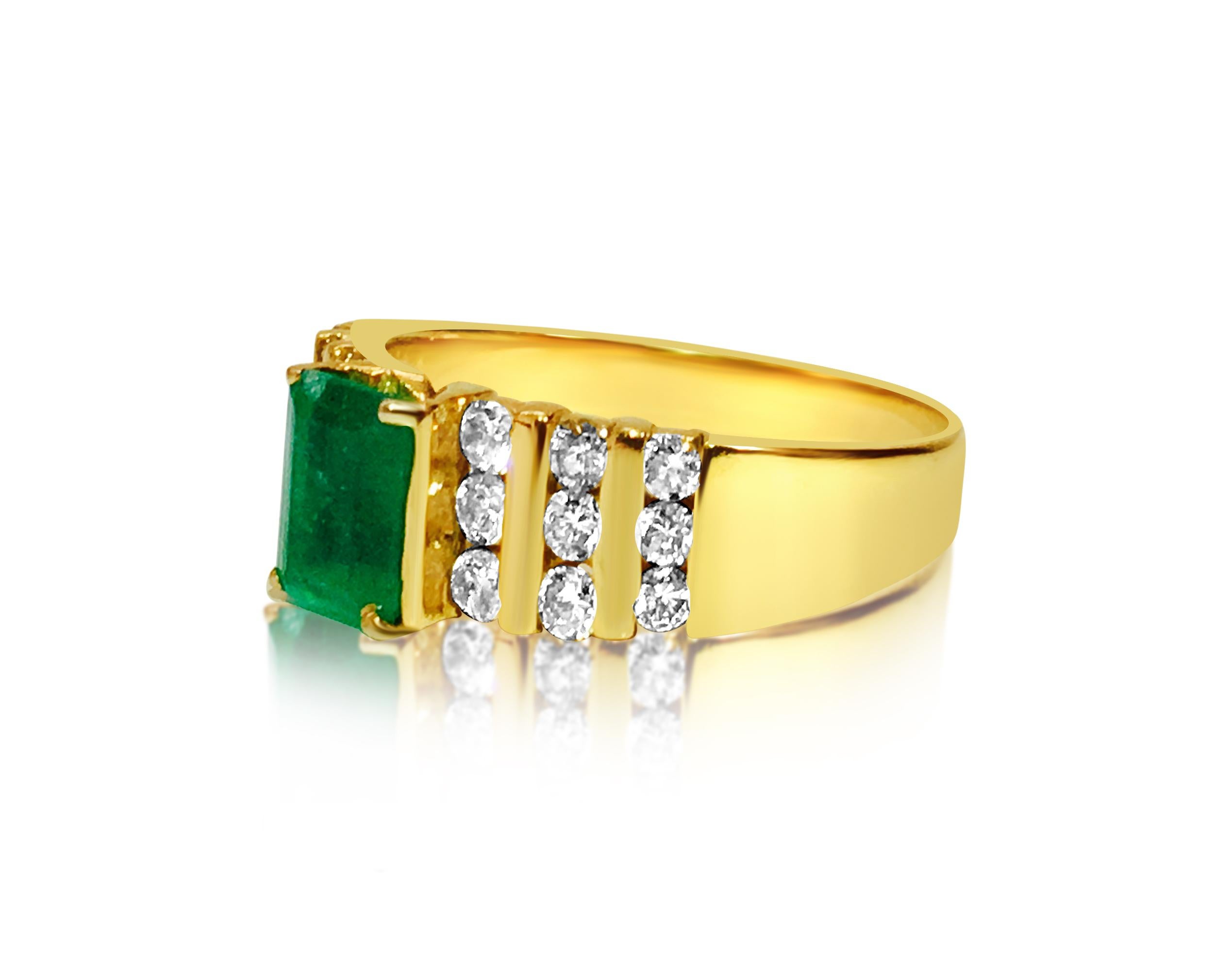 Metal: 14k yellow gold. 
0.60 carat diamonds, SI clarity and G color, round brilliant cut diamonds, set in channel setting. 

2.10 carat emerald. Shape: emerald cut set in prongs. 100% natural earth mined emerald.

Total carat weight of all