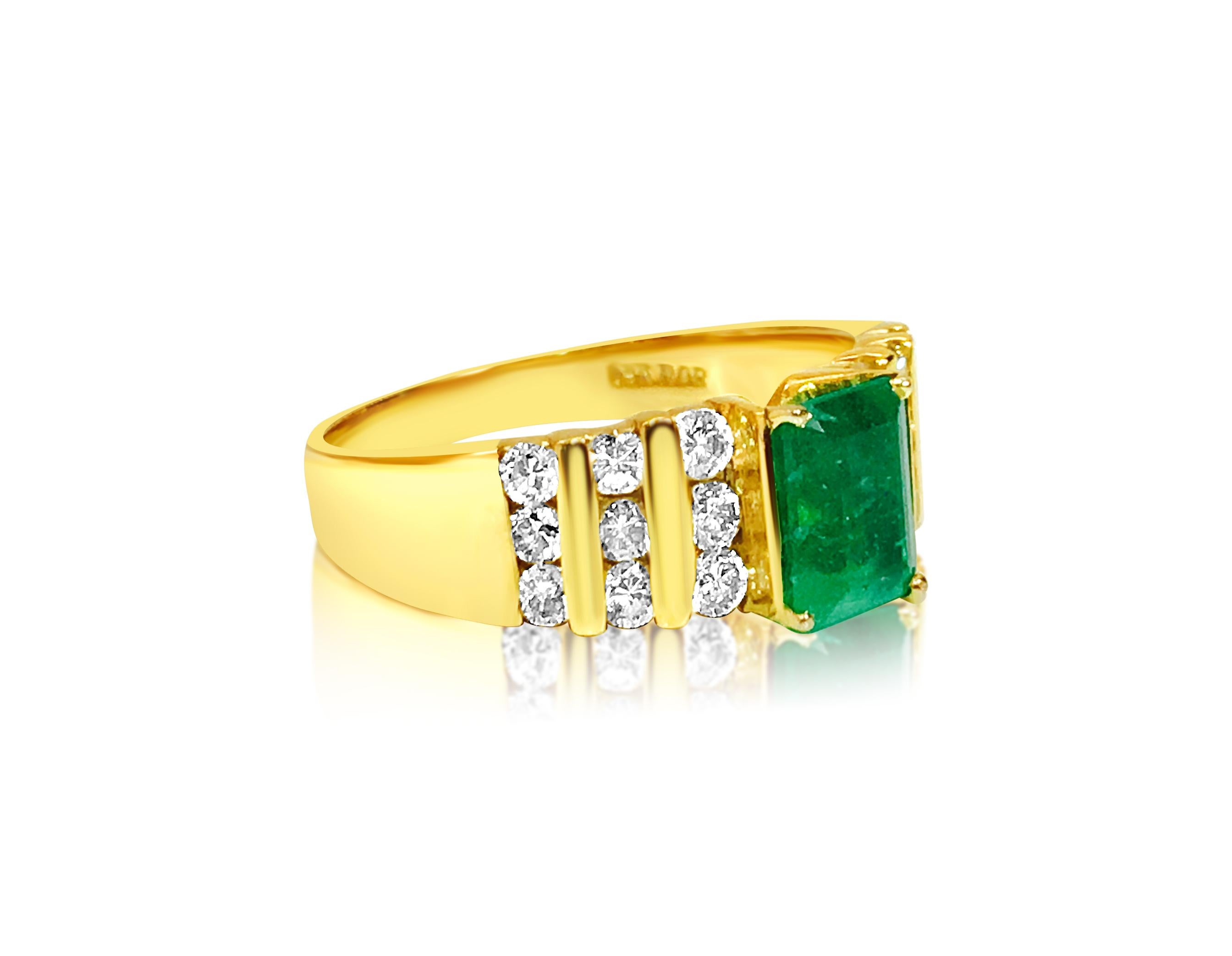 Emerald Cut Modernist 2.70 Carat Emerald and Diamond Ring in 14 Karat Yellow Gold For Sale