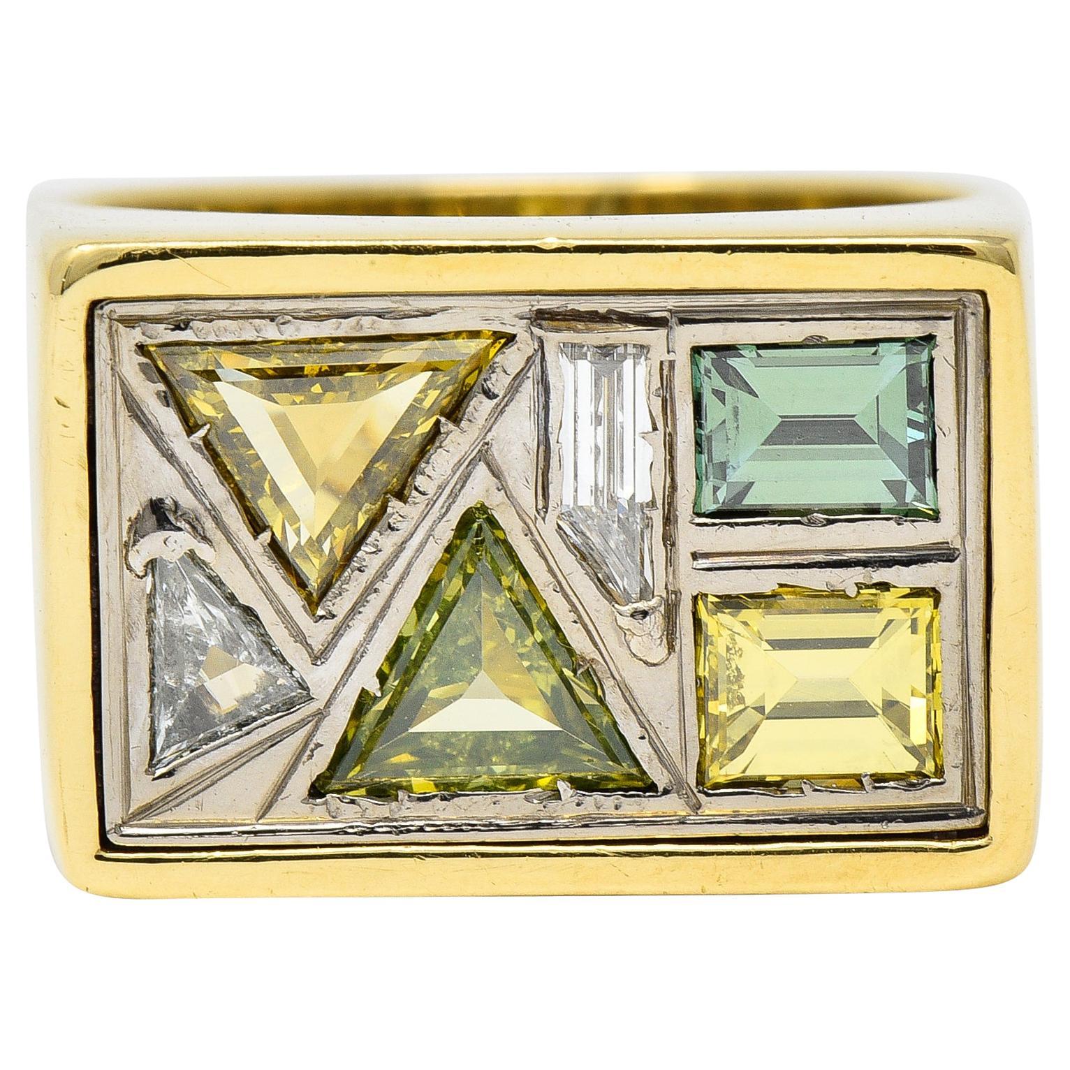 Modernist 2.84 Ctw Fancy Diamond 18 Karat Two-Tone Gold Geometric Inlay Ring