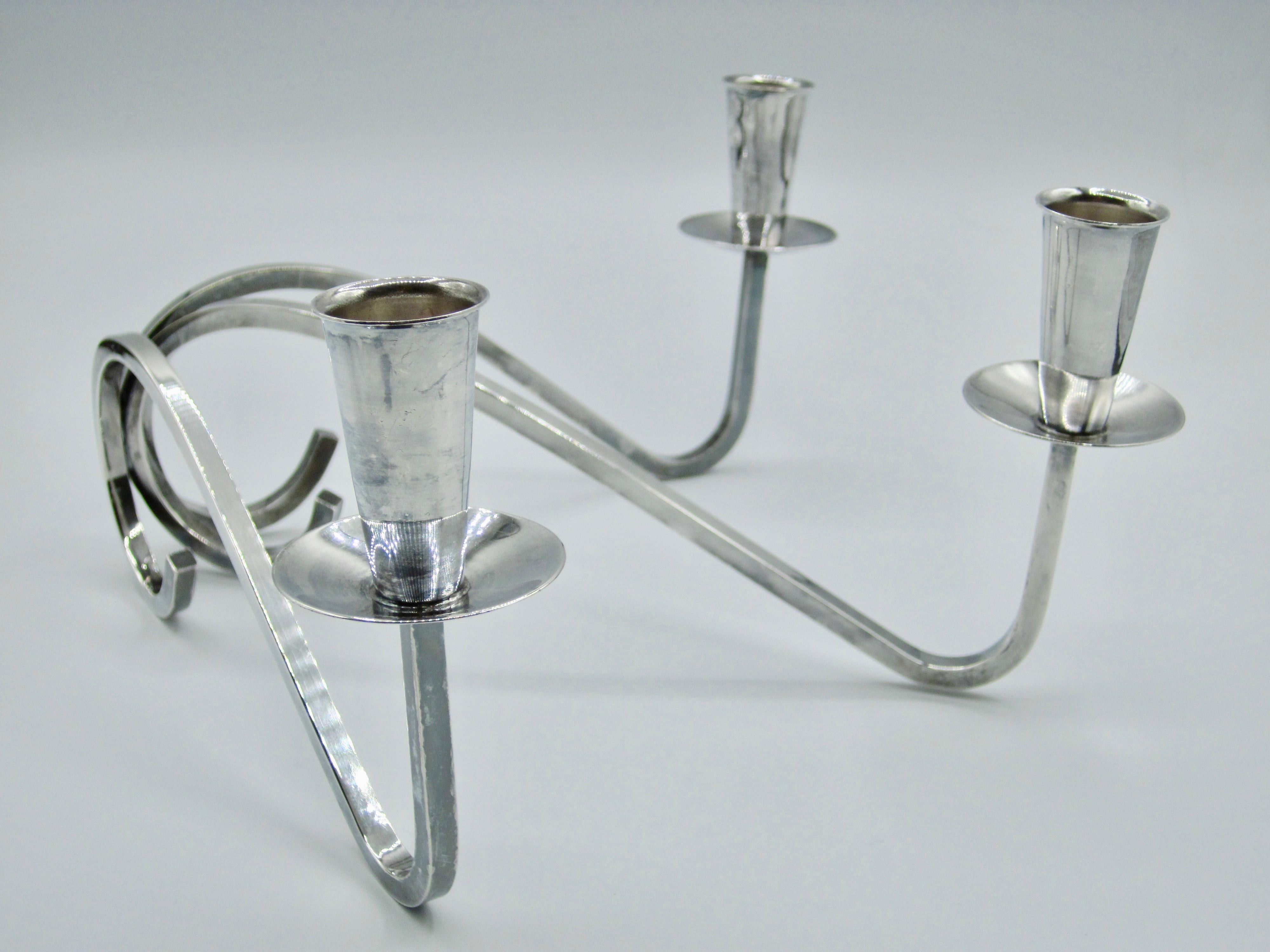 Modernist 3 Arm Curvilinear Candelabra by Fisher Silversmiths For Sale 4