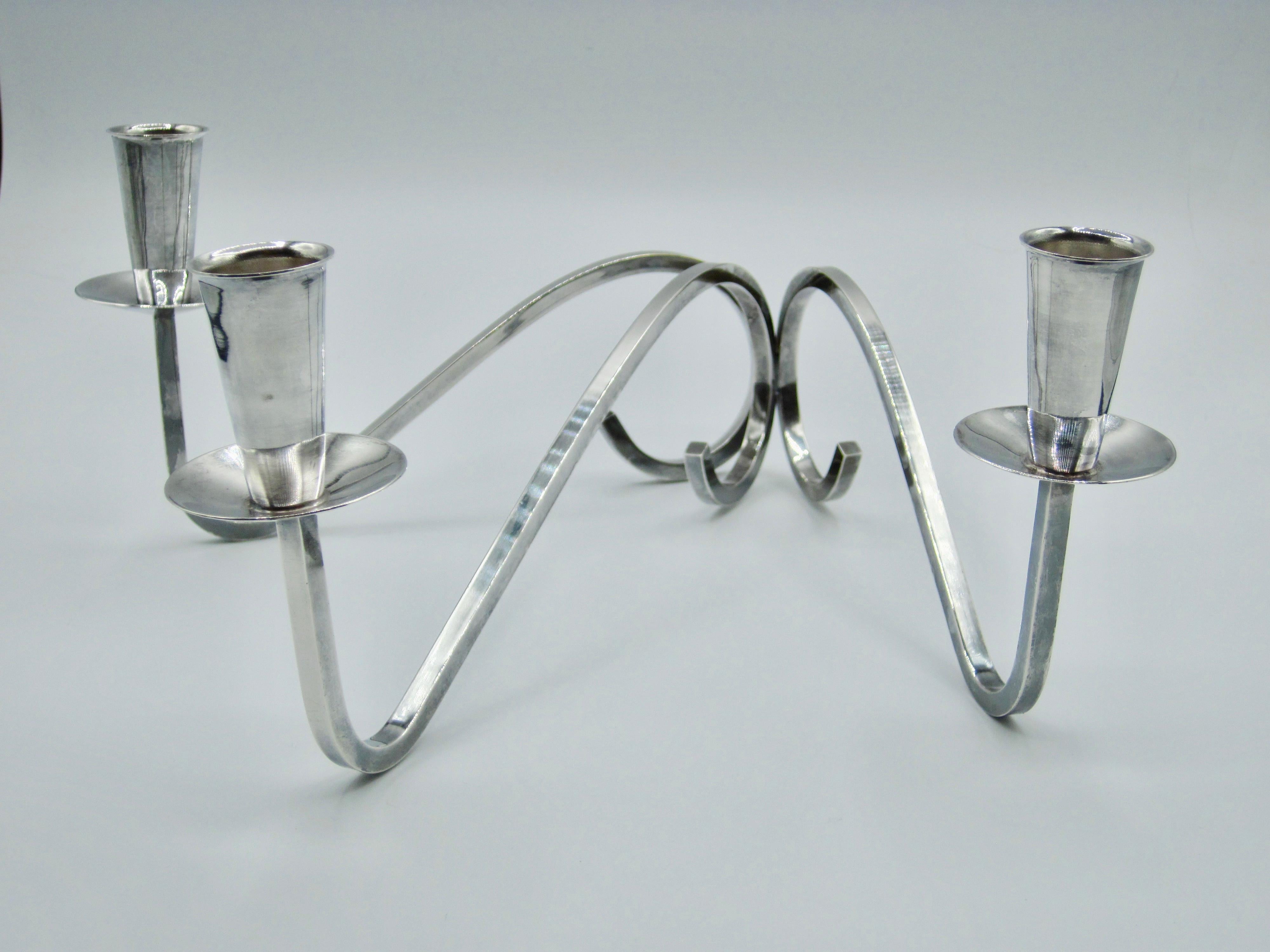 Modernist 3 Arm Curvilinear Candelabra by Fisher Silversmiths For Sale 5