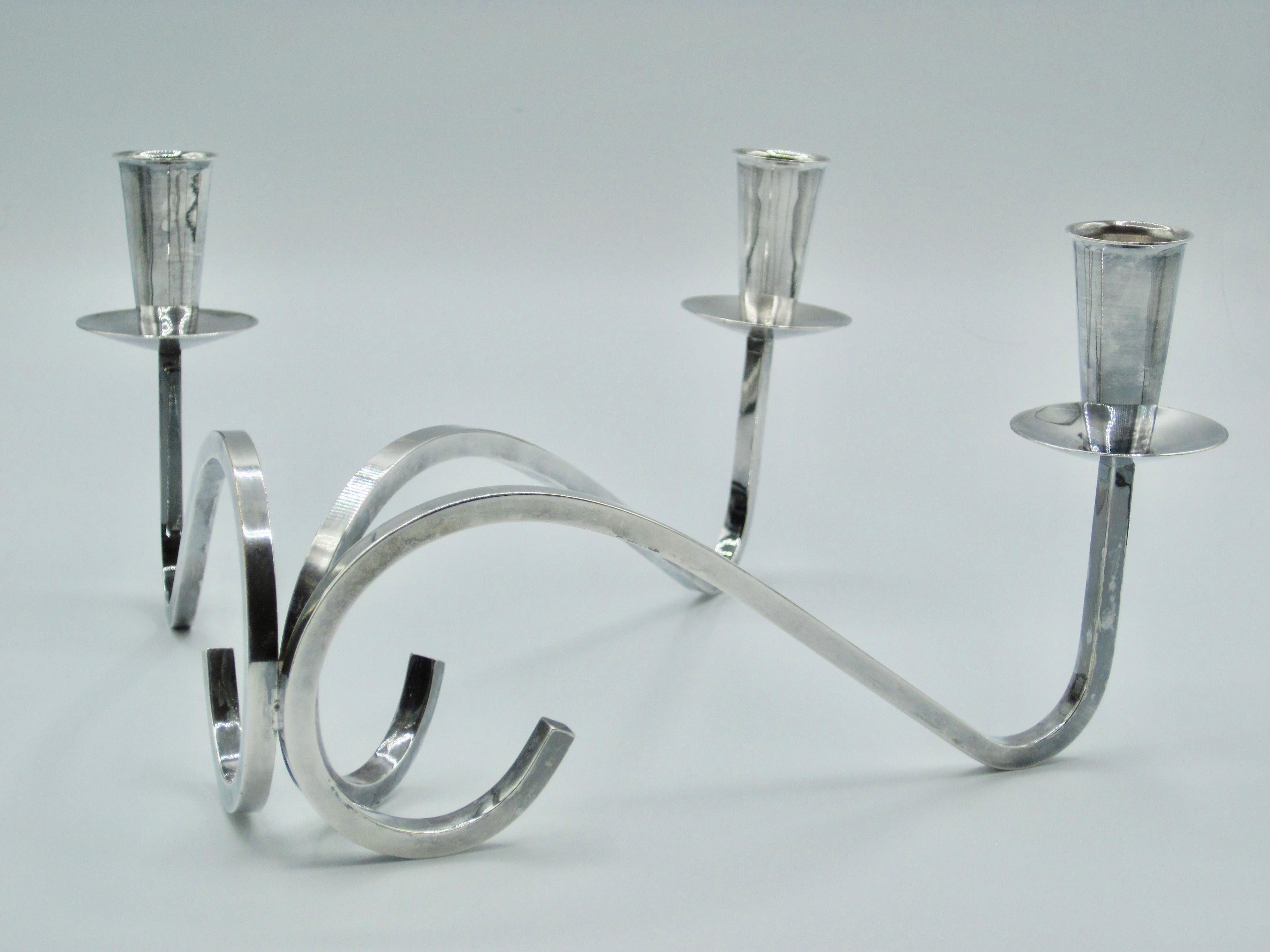 American Modernist 3 Arm Curvilinear Candelabra by Fisher Silversmiths For Sale