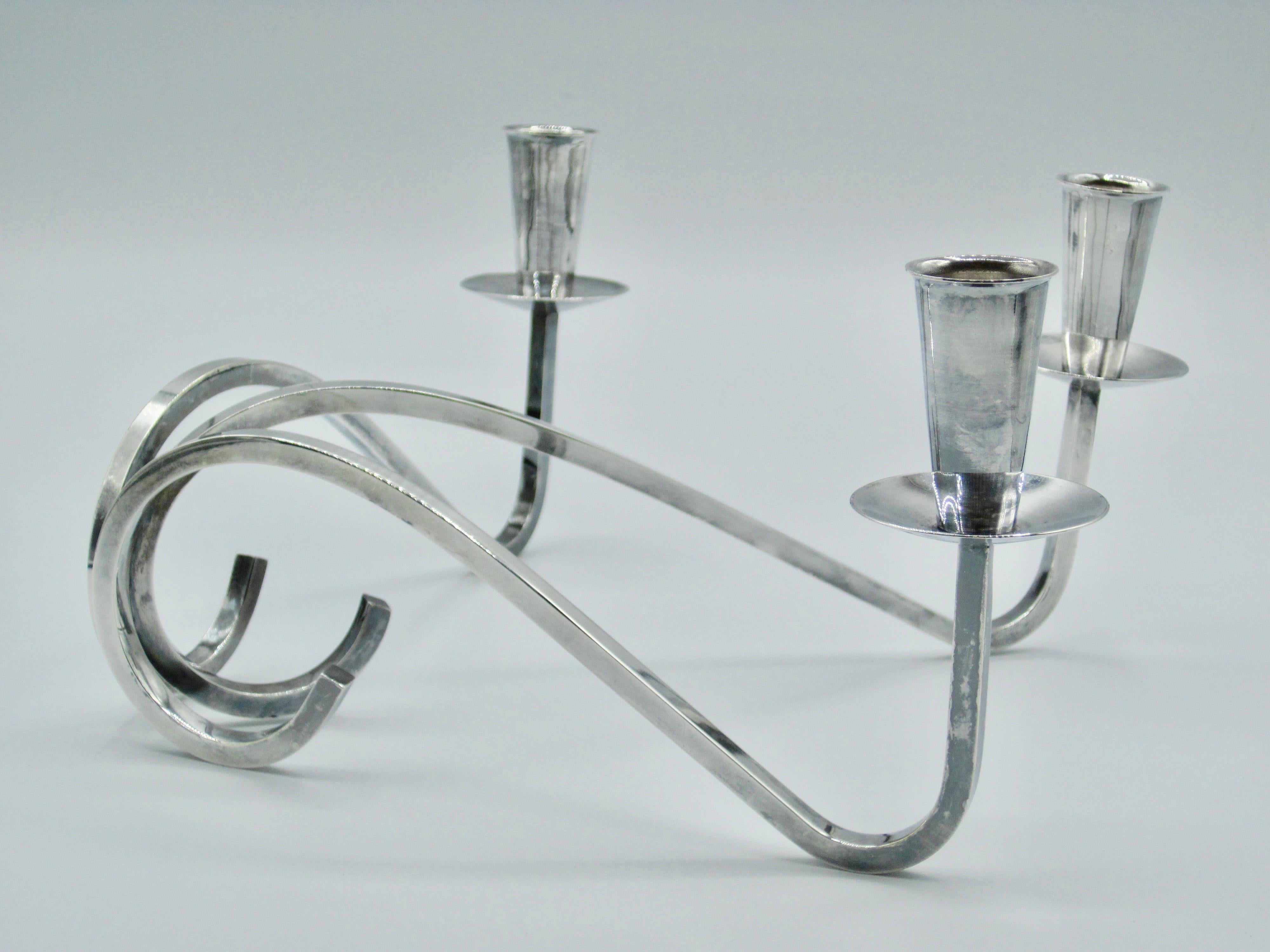 Modernist 3 Arm Curvilinear Candelabra by Fisher Silversmiths In Good Condition For Sale In Ferndale, MI