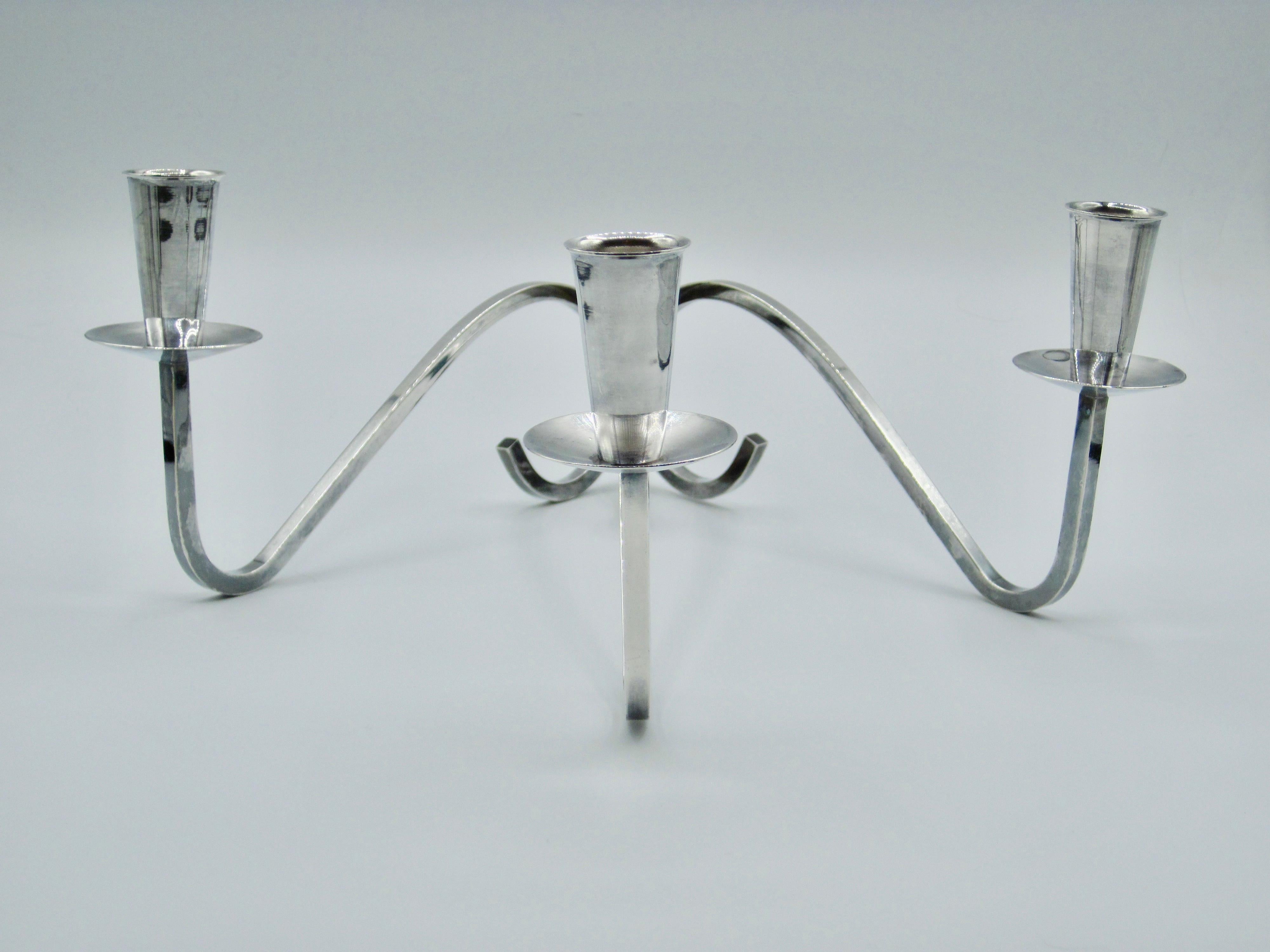 20th Century Modernist 3 Arm Curvilinear Candelabra by Fisher Silversmiths For Sale