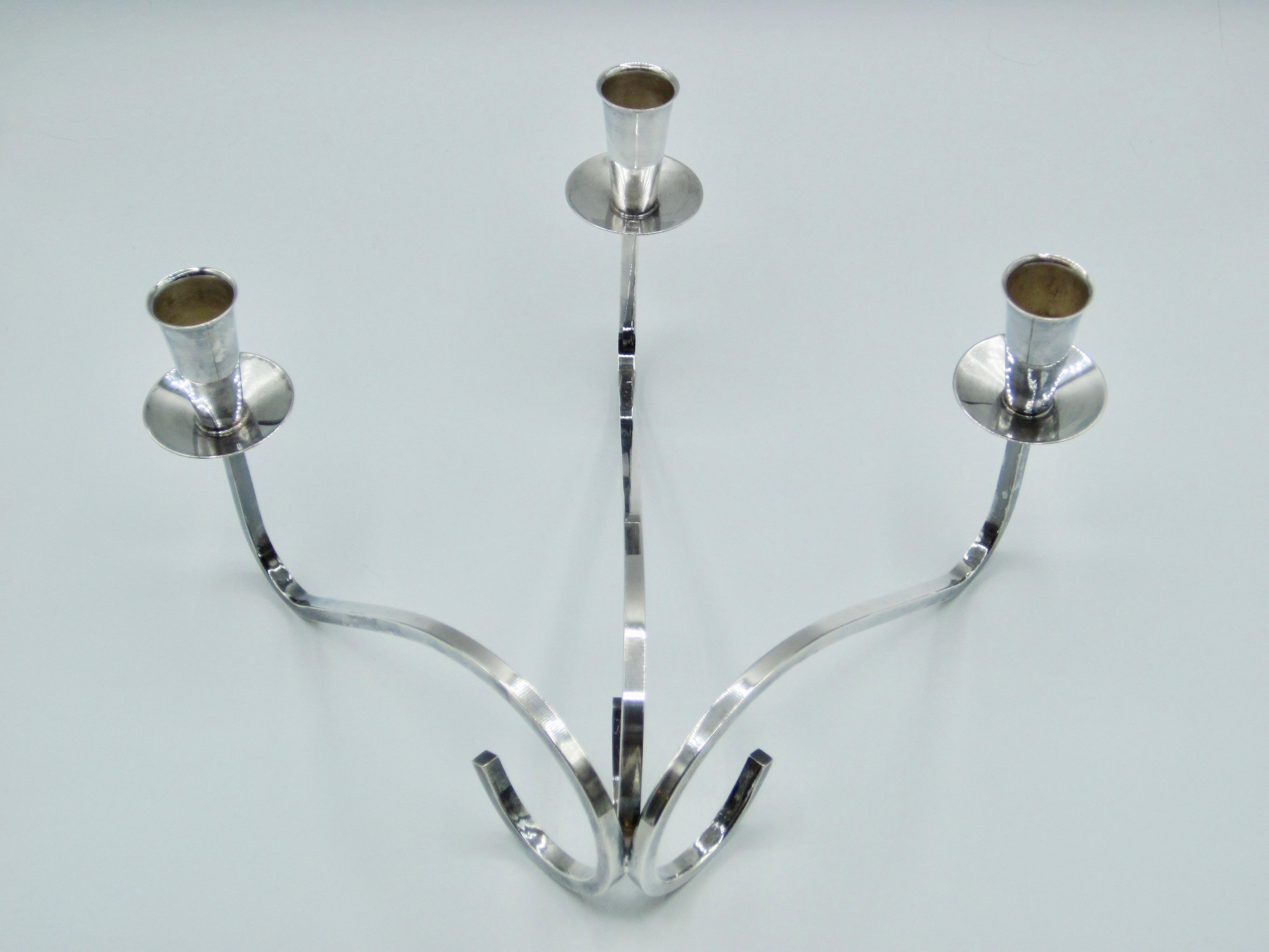 Silver Plate Modernist 3 Arm Curvilinear Candelabra by Fisher Silversmiths For Sale