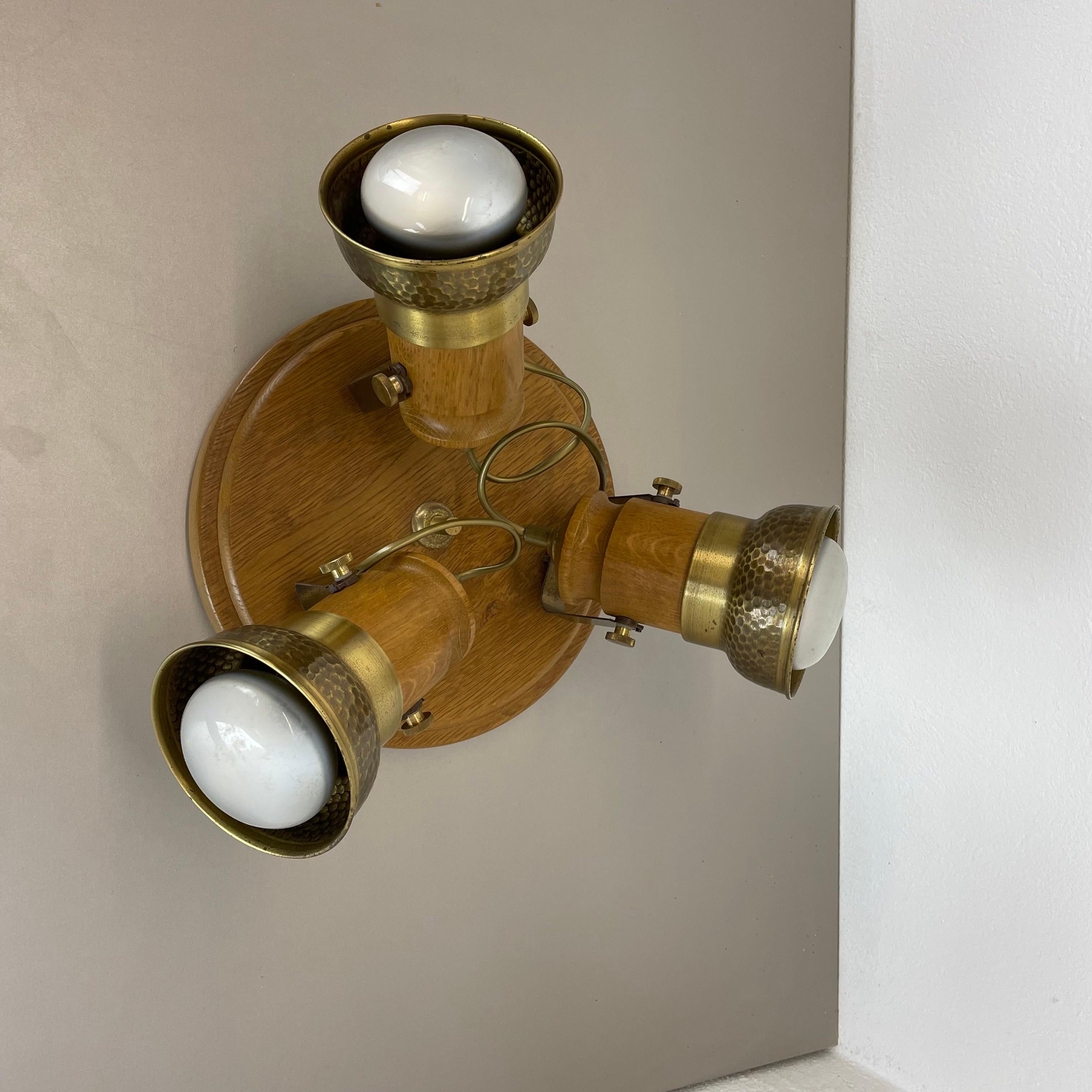 modernist 3-spot brass and oak flushmount ceiling light by TEMDE Lights, Germany 5