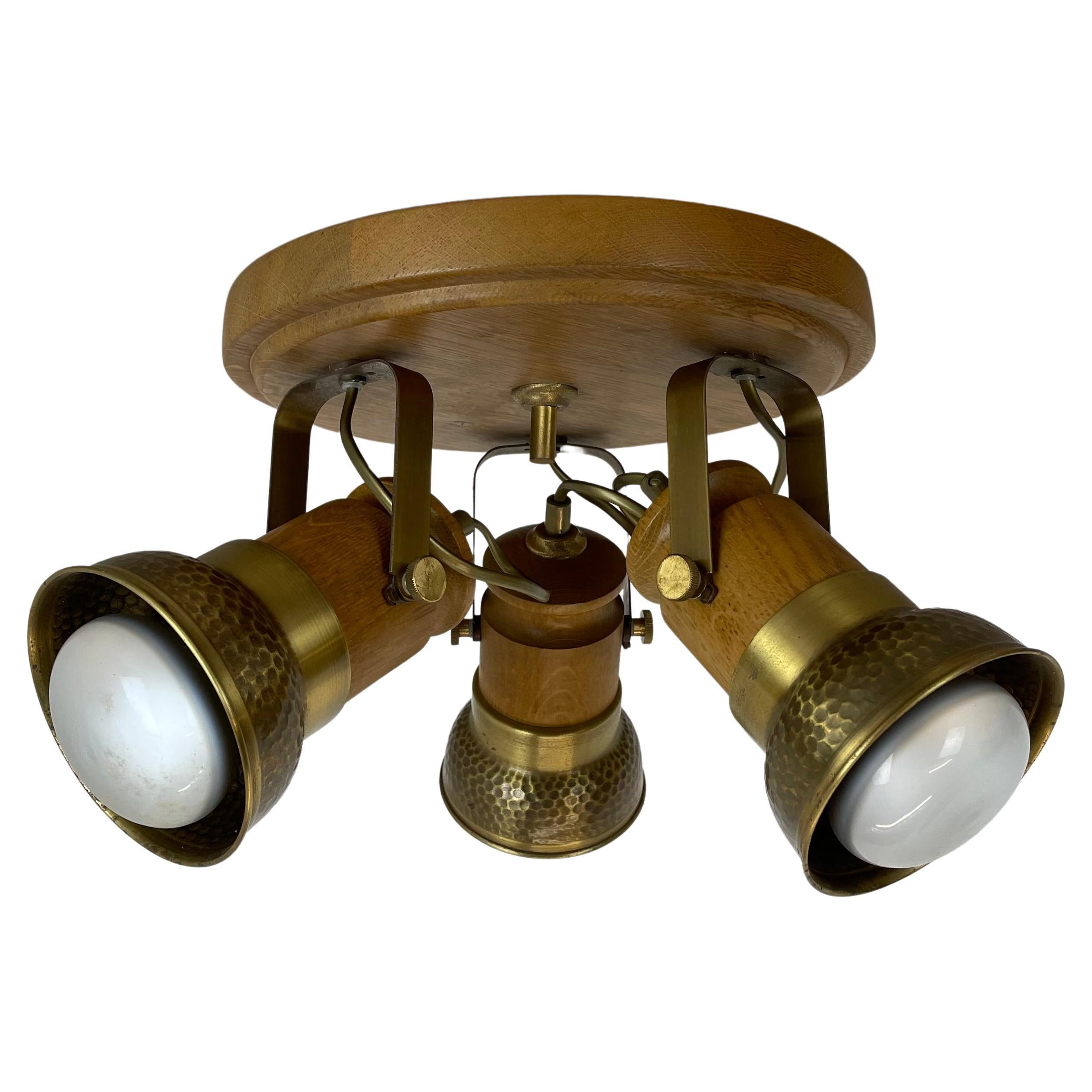 modernist 3-spot brass and oak flushmount ceiling light by TEMDE Lights, Germany