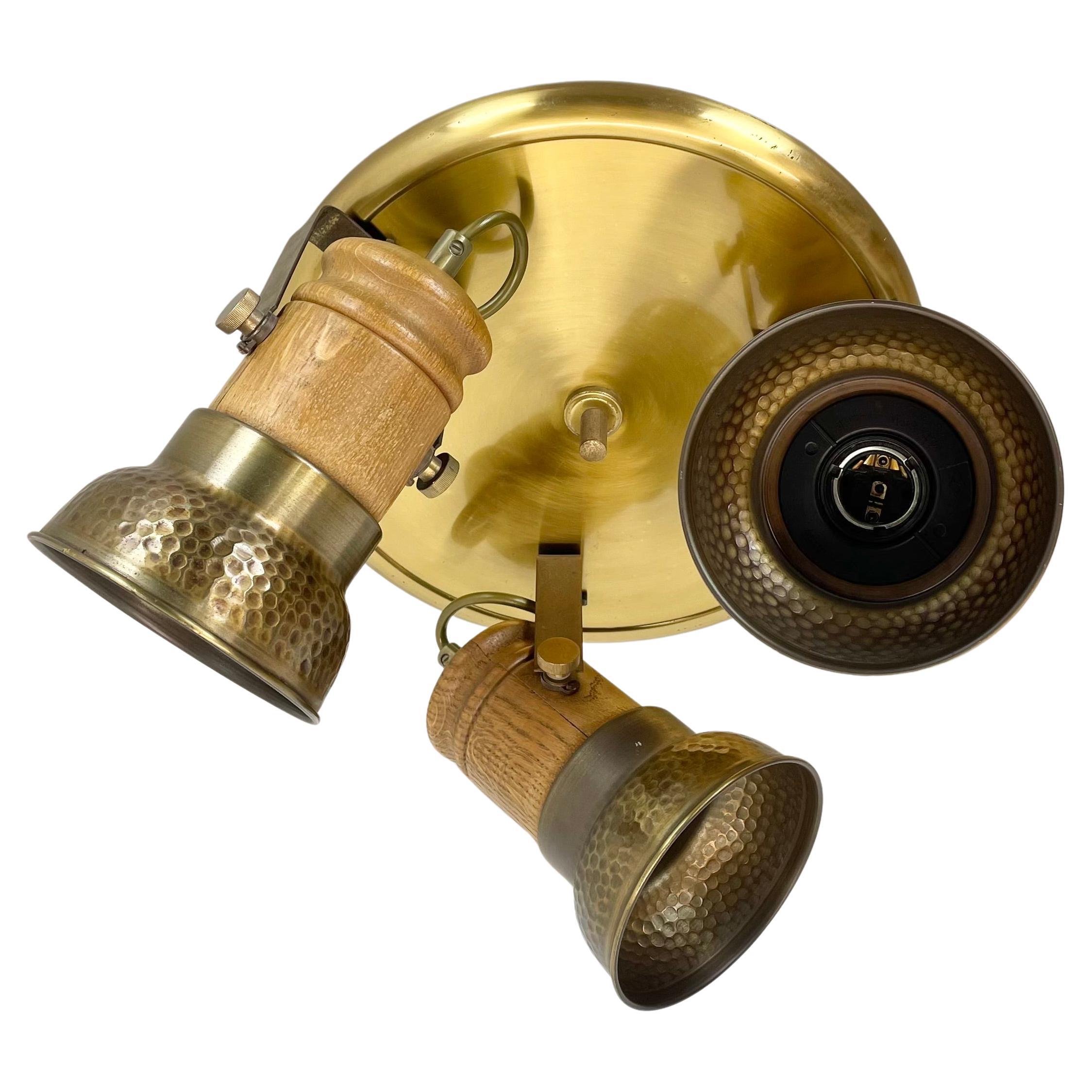 modernist 3-spot brass and oak flushmount ceiling light by TEMDE Lights, Germany
