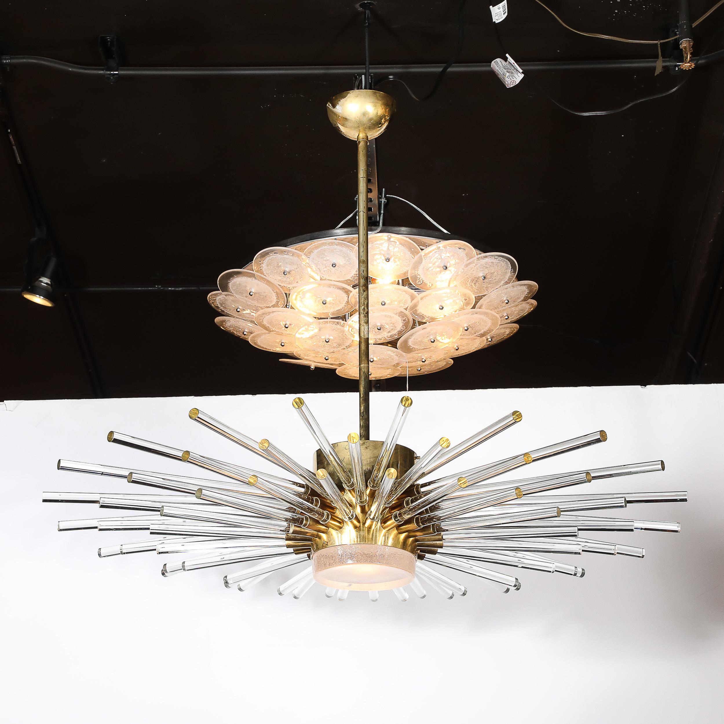 Lustre moderne Sputnik à 3 niveaux en verre de Murano soufflé à la main et à tige en laiton en vente 2