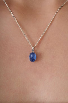 Modernist 3.23ct Oval Cabochon Blue Sapphire Solitaire Pendant in 14K White Gold