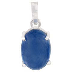 Modernist 3.23ct Oval Cabochon Blue Sapphire Solitaire Pendant in 14K White Gold