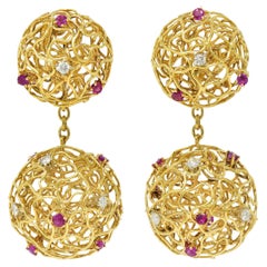 Modernist 3.36 CTW Ruby Diamond 18 Karat Gold Wire Sphere Vintage Earrings