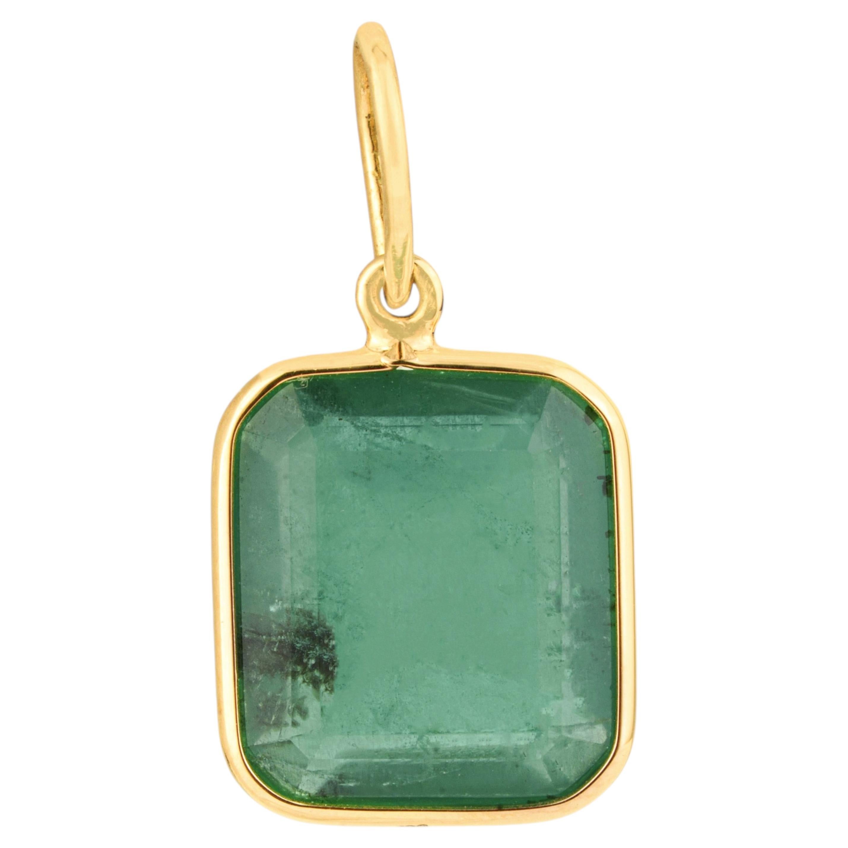 Modernist 3.66ct Natural Emerald Bezel Set Solitaire Pendant in 14K Yellow Gold