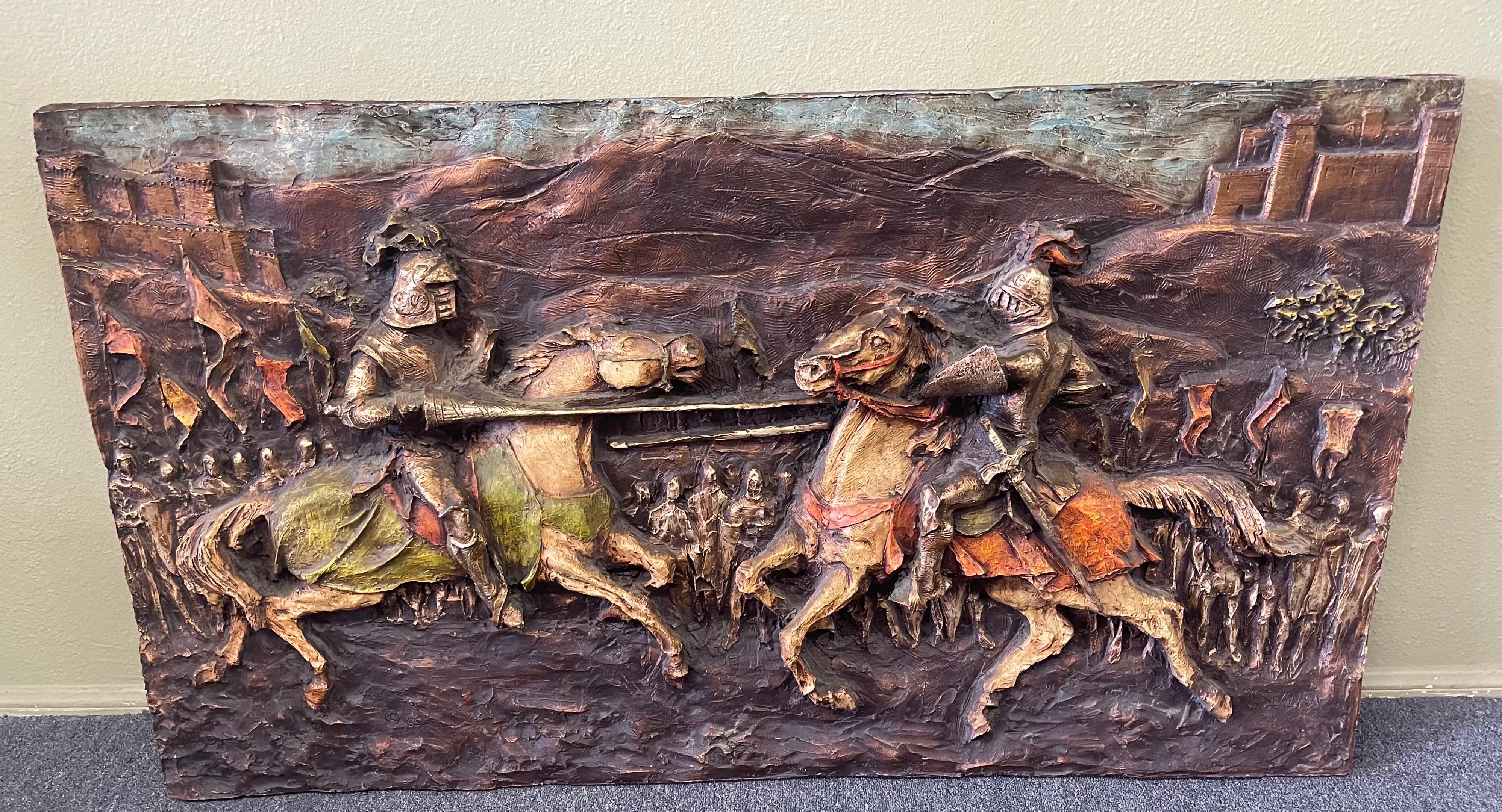 Modernist 3D Figural Wall Sculpture/Art of Knights Jousting by Segura Studios For Sale 1