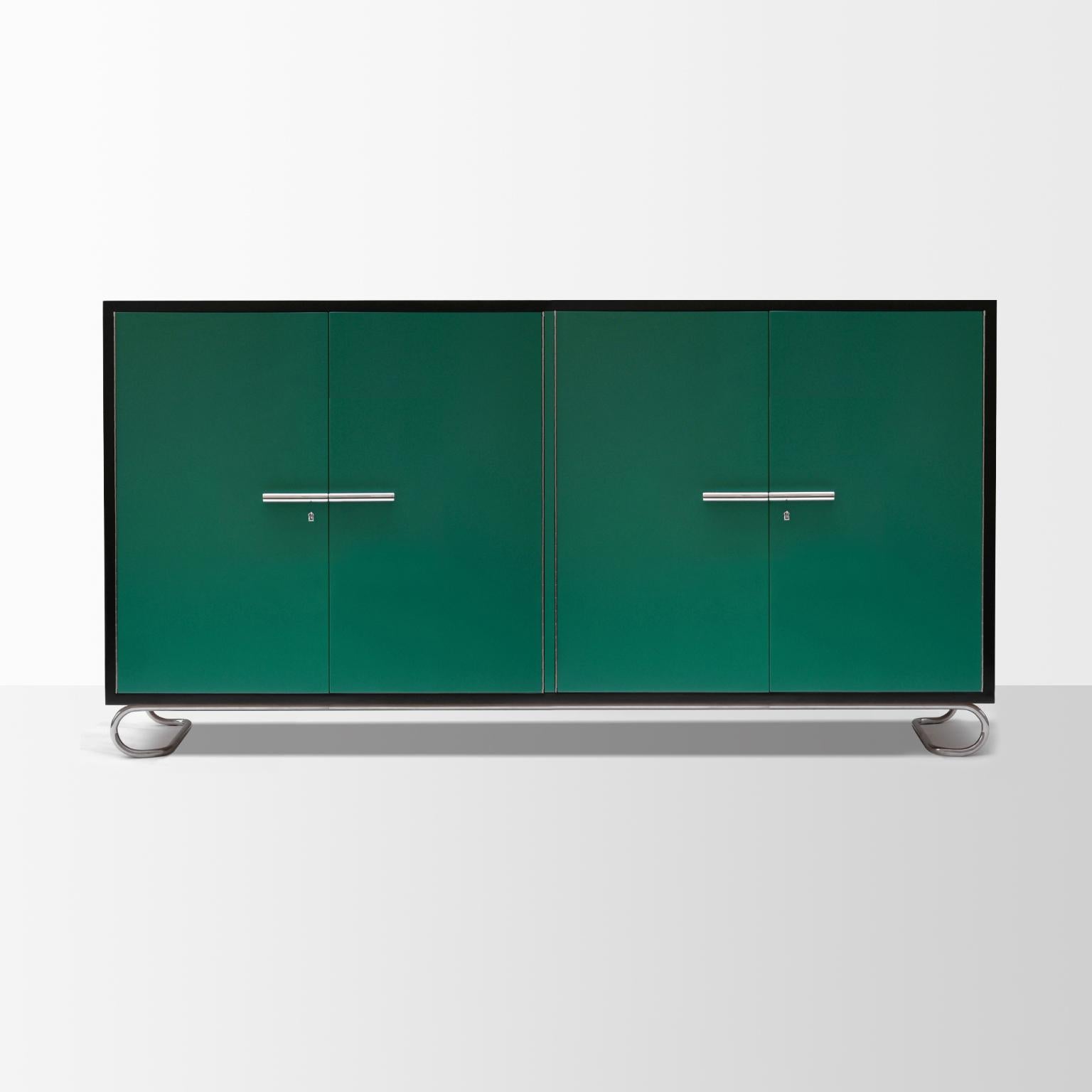 German Modernist 4-Door Credenza, Lacquered Wood, Chrome-Plated Steel, Customizable For Sale