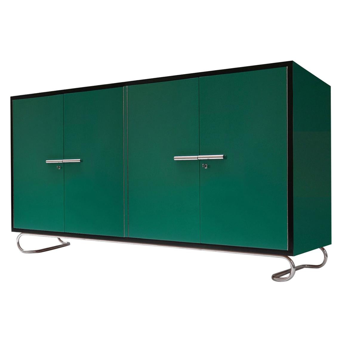 Modernist 4-Door Credenza, Lacquered Wood, Chrome-Plated Steel, Customizable For Sale