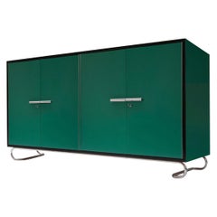 Modernist 4-Door Credenza, Lacquered Wood, Chrome-Plated Steel, Customizable