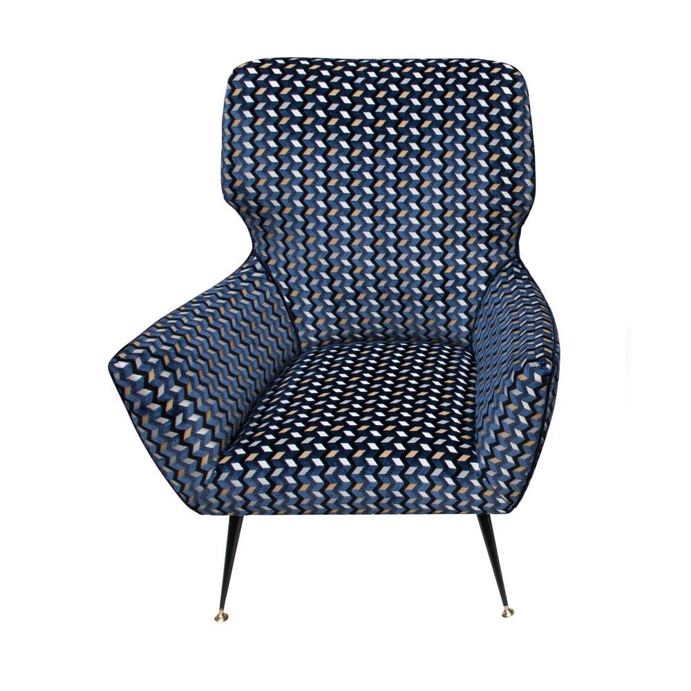 Mid-Century Modern Modernist Armchair Blue Black Gold Velvet Upholstery Italian Design G. Radice