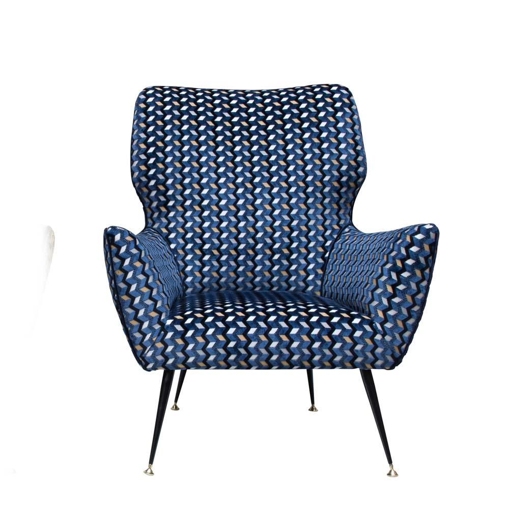 Metal Modernist Armchair Blue Black Gold Velvet Upholstery Italian Design G. Radice