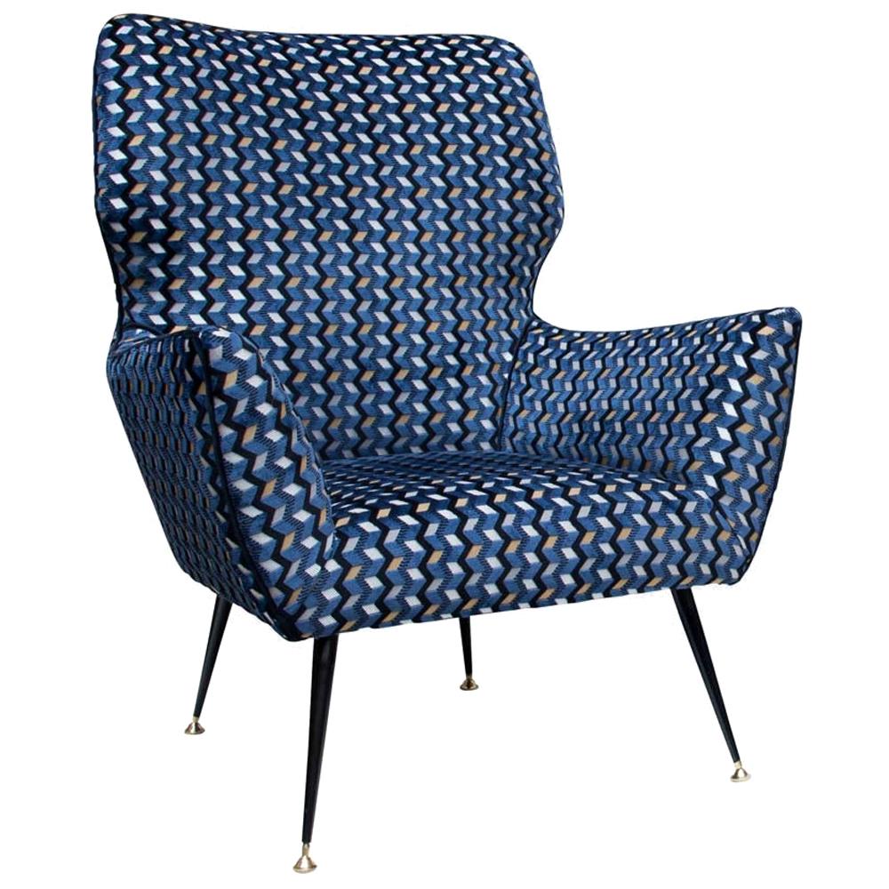 Modernist Armchair Blue Black Gold Velvet Upholstery Italian Design G. Radice