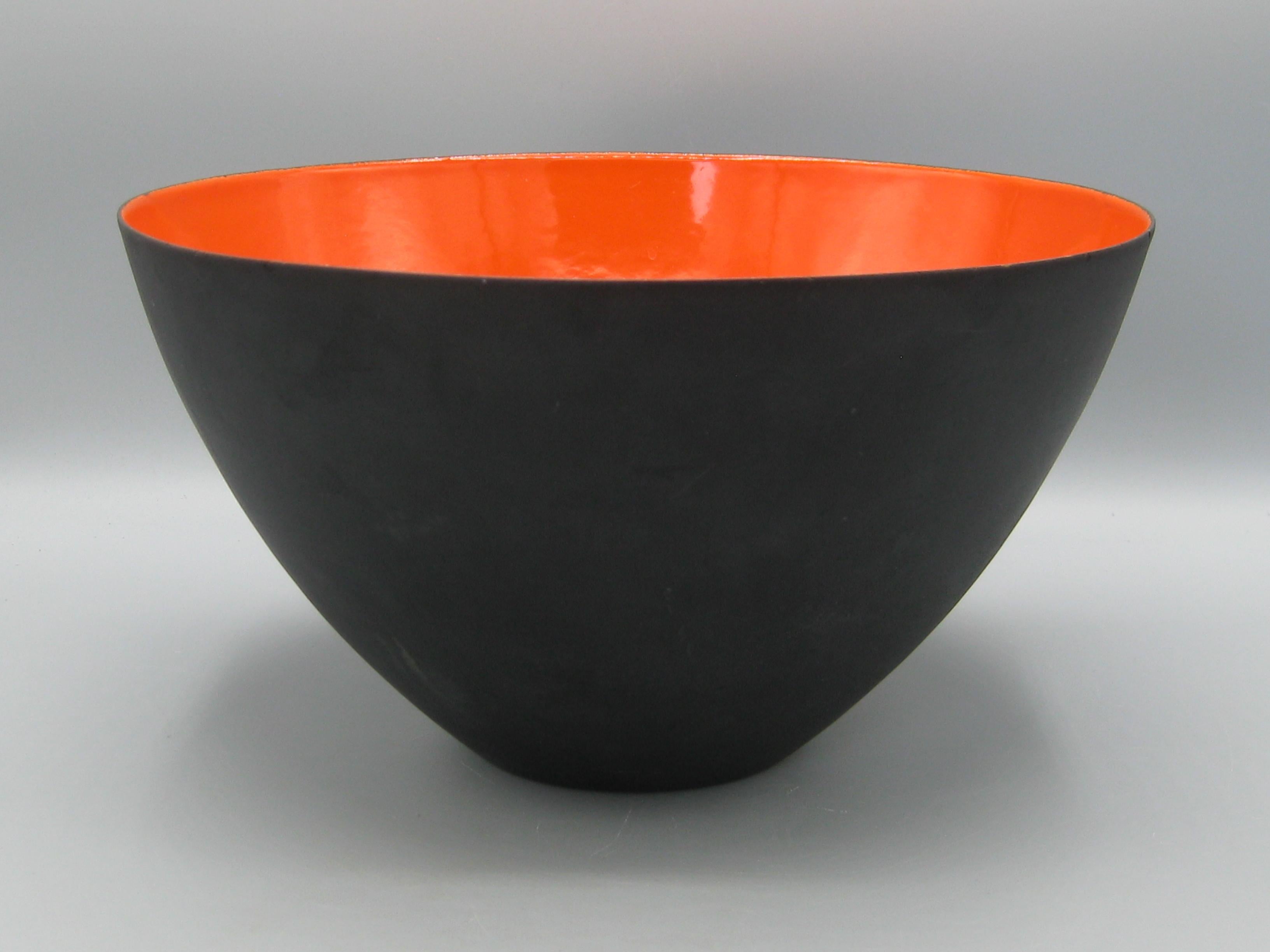 Danish Modernist 50's Krenit Bowl Herbert Krenchel Orange Enamel & Black Denmark BIG! For Sale