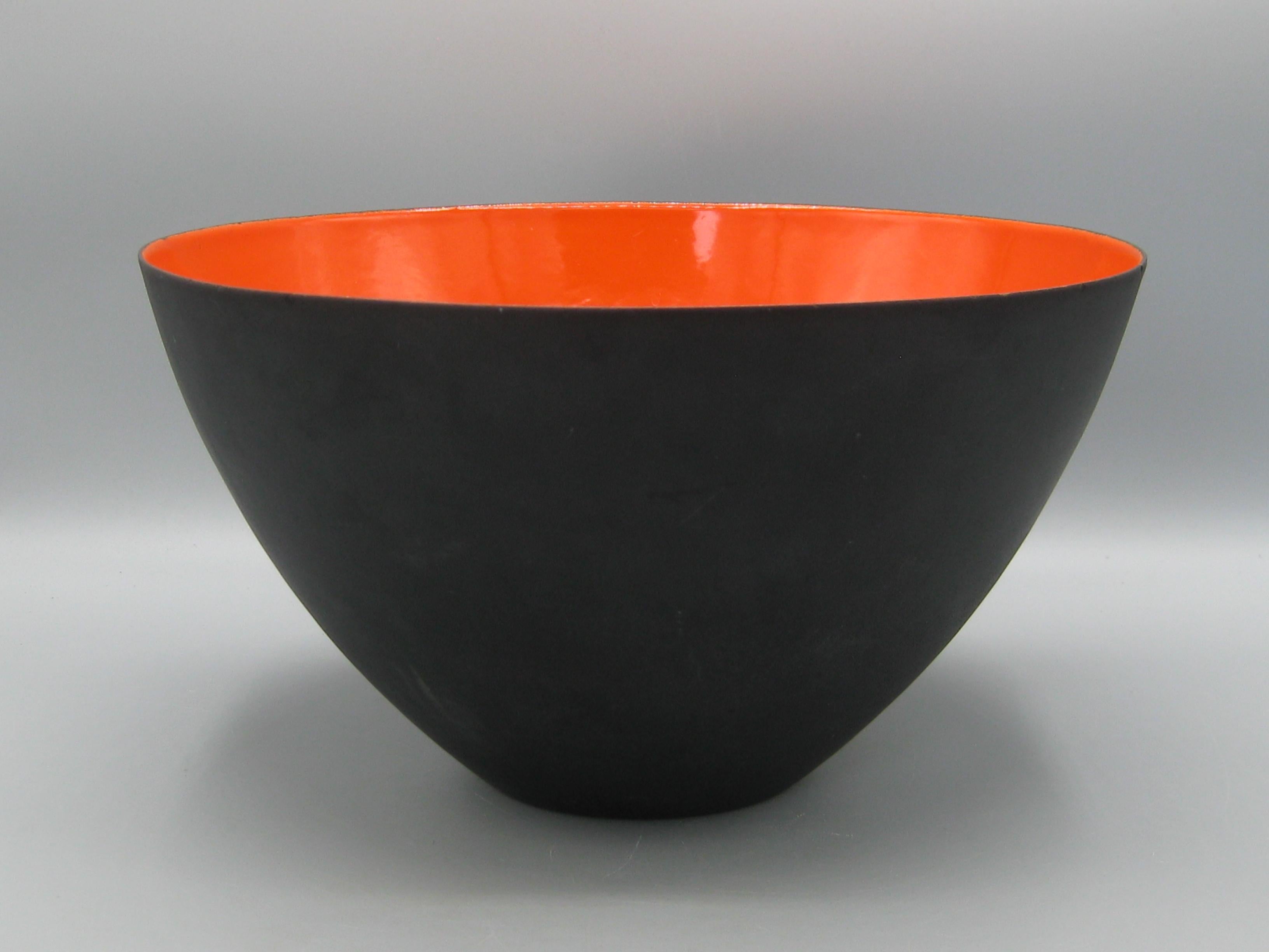 Modernist 50's Krenit Bowl Herbert Krenchel Orange Enamel & Black Denmark BIG! In Good Condition For Sale In San Diego, CA
