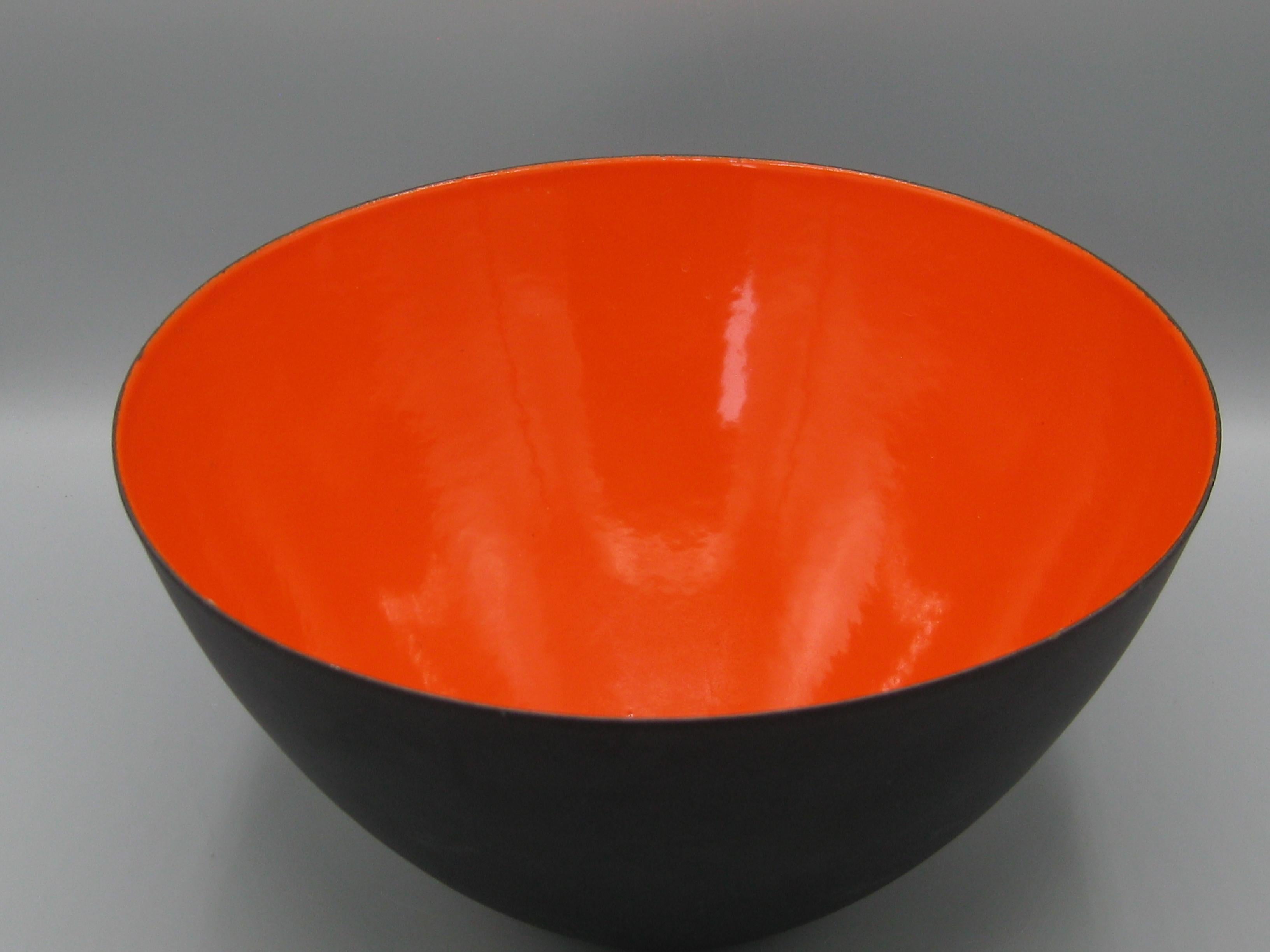 20th Century Modernist 50's Krenit Bowl Herbert Krenchel Orange Enamel & Black Denmark BIG! For Sale