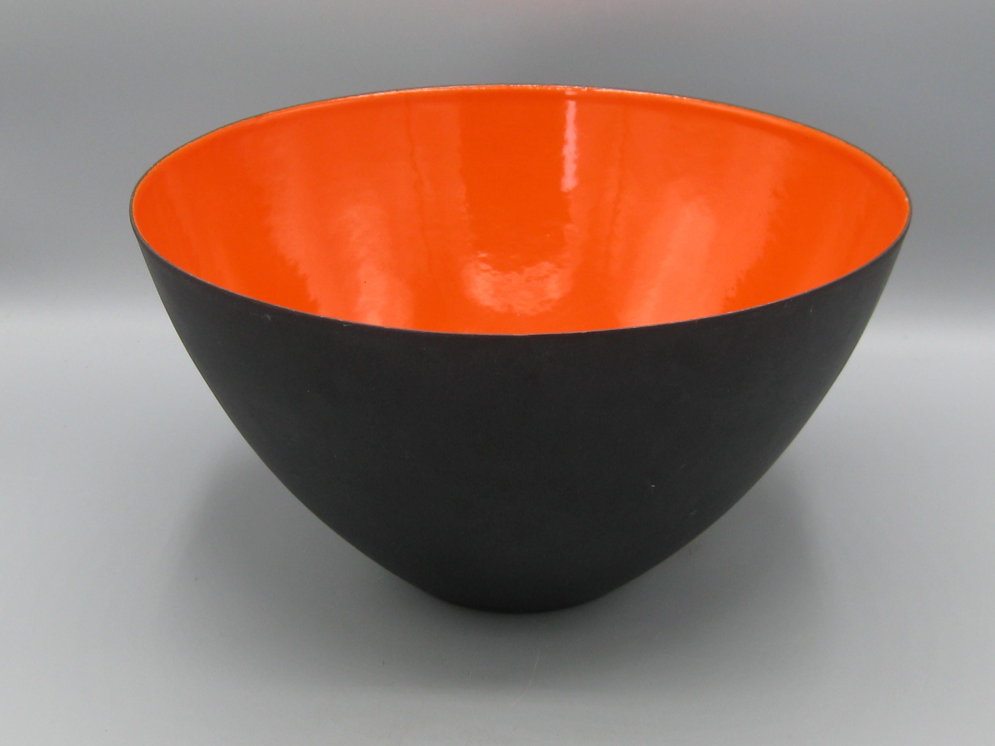 Modernist 50's Krenit Bowl Herbert Krenchel Orange Enamel & Black Denmark BIG! For Sale 1