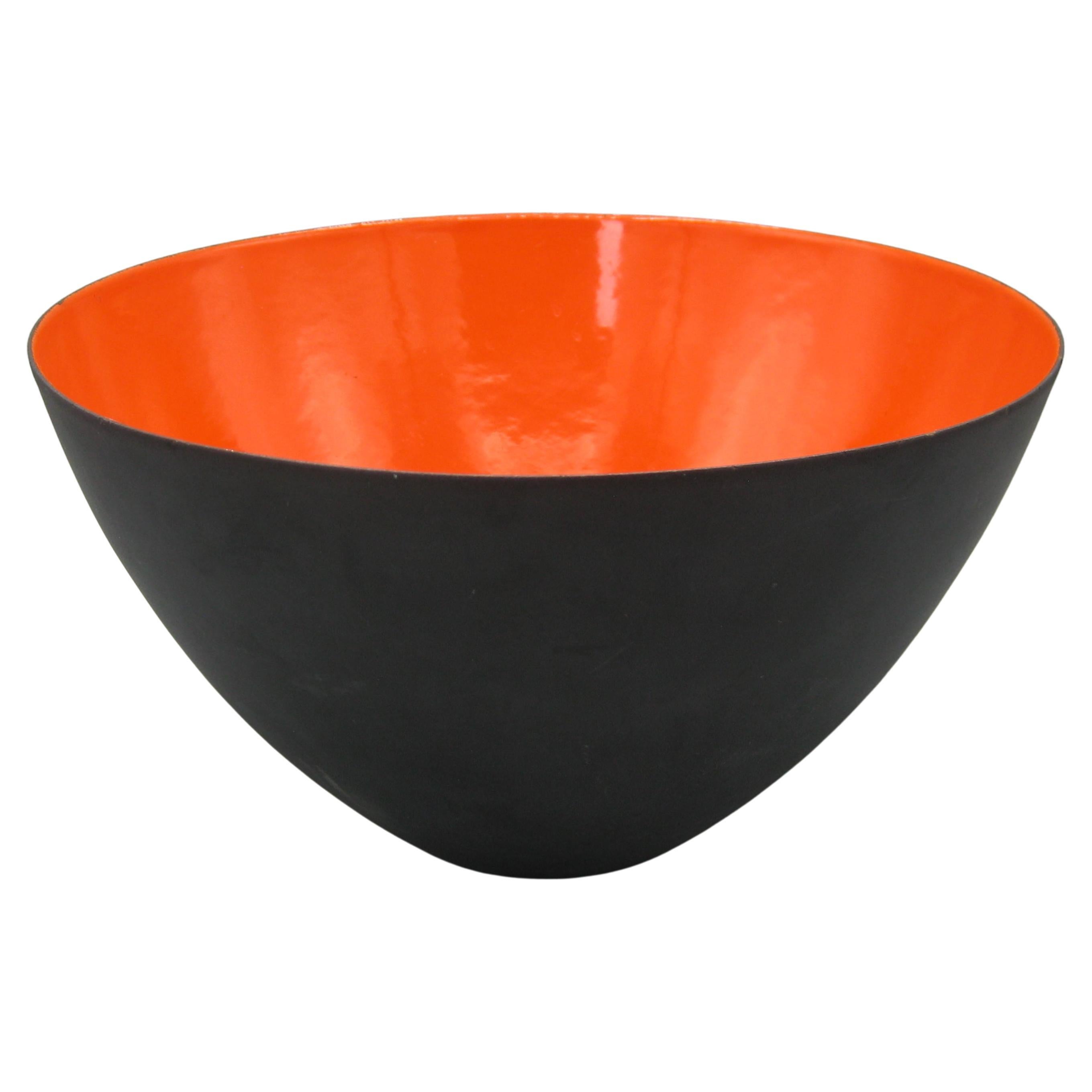 Modernist 50's Krenit Bowl Herbert Krenchel Orange Enamel & Black Denmark BIG! For Sale