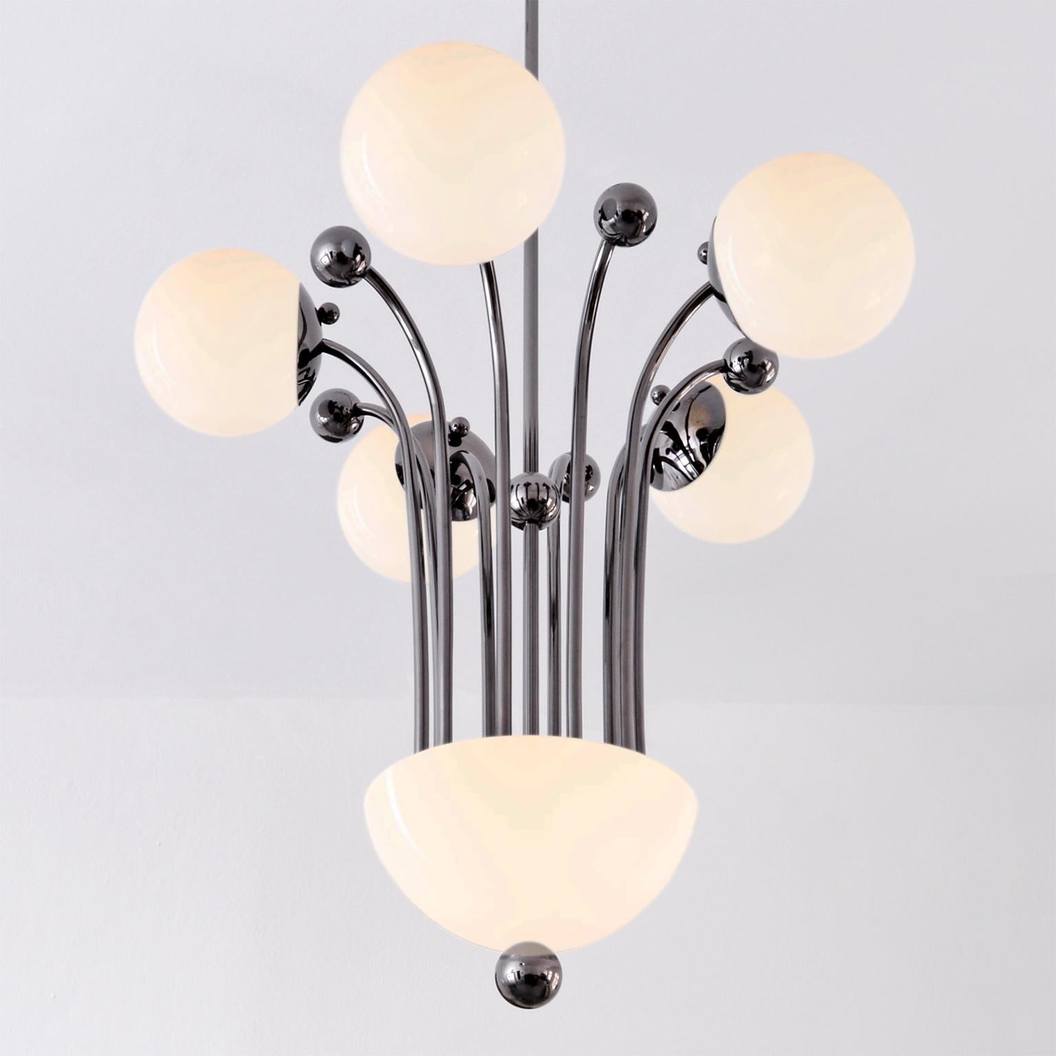 Modernist ceiling lamp with 6 lights made of plated brass with opal glass balls, bespoke.
