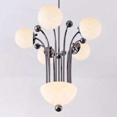 Modernist 6 Lights Ceiling Lamp, Plated Brass With Opal Glass Balls, Bespoke