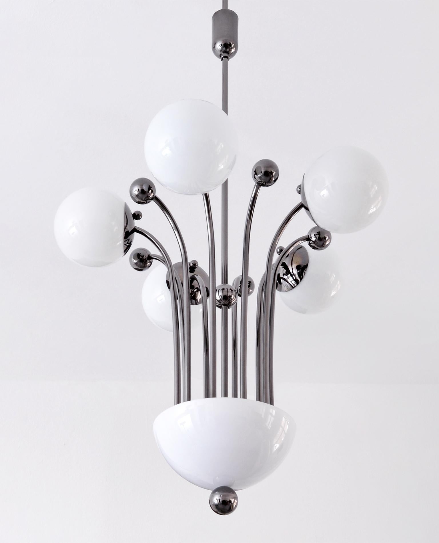 German Modernist 6 Lights Ceiling Lamp, Plated Brass With Opal Glass Balls, Bespoke For Sale