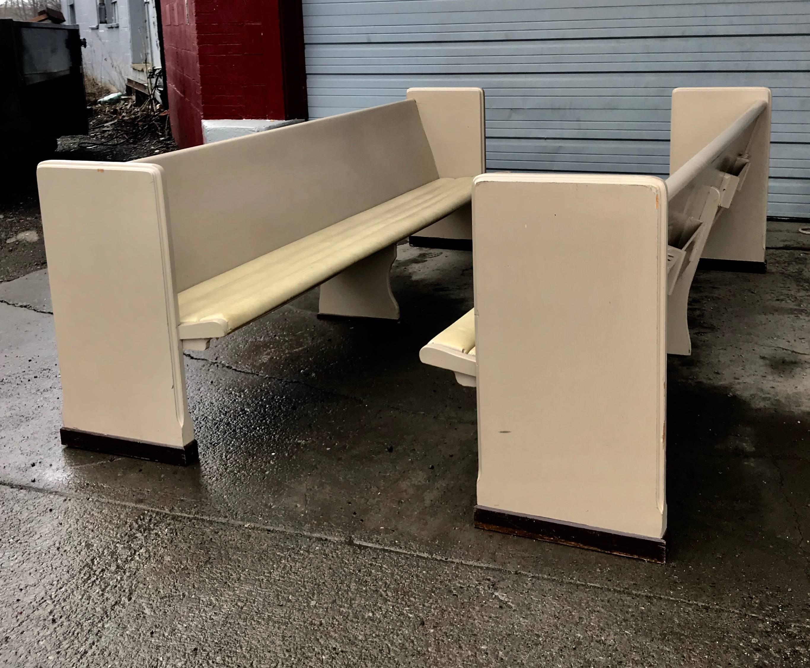 Modernist 9' painted tufted seat church pews or benches. Heavy painted oak, amazing sleek, simple elegant design. Hand delivery avail to New York City or anywhere en route from Buffalo New York.